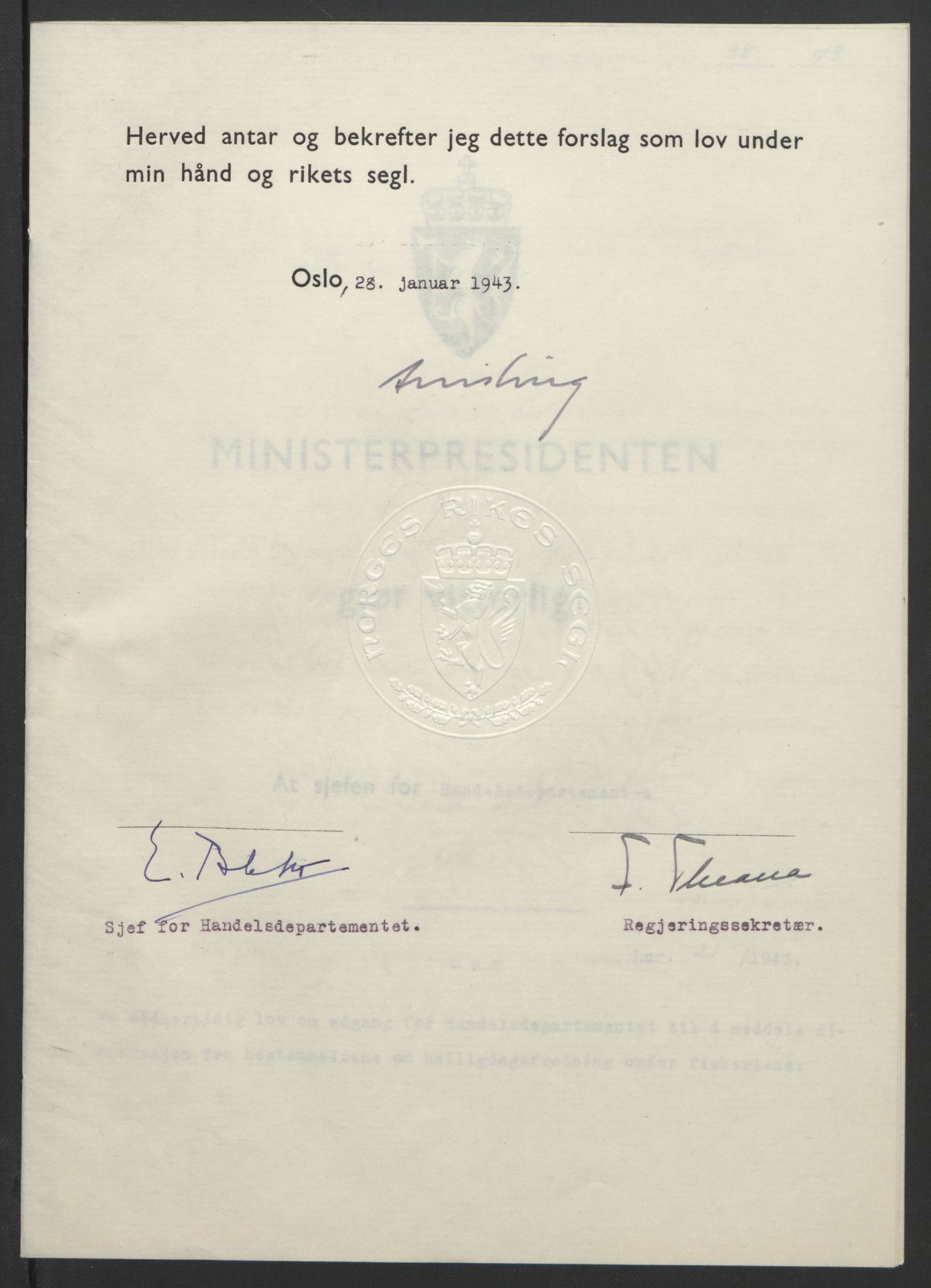 NS-administrasjonen 1940-1945 (Statsrådsekretariatet, de kommisariske statsråder mm), AV/RA-S-4279/D/Db/L0099: Lover, 1943, p. 88