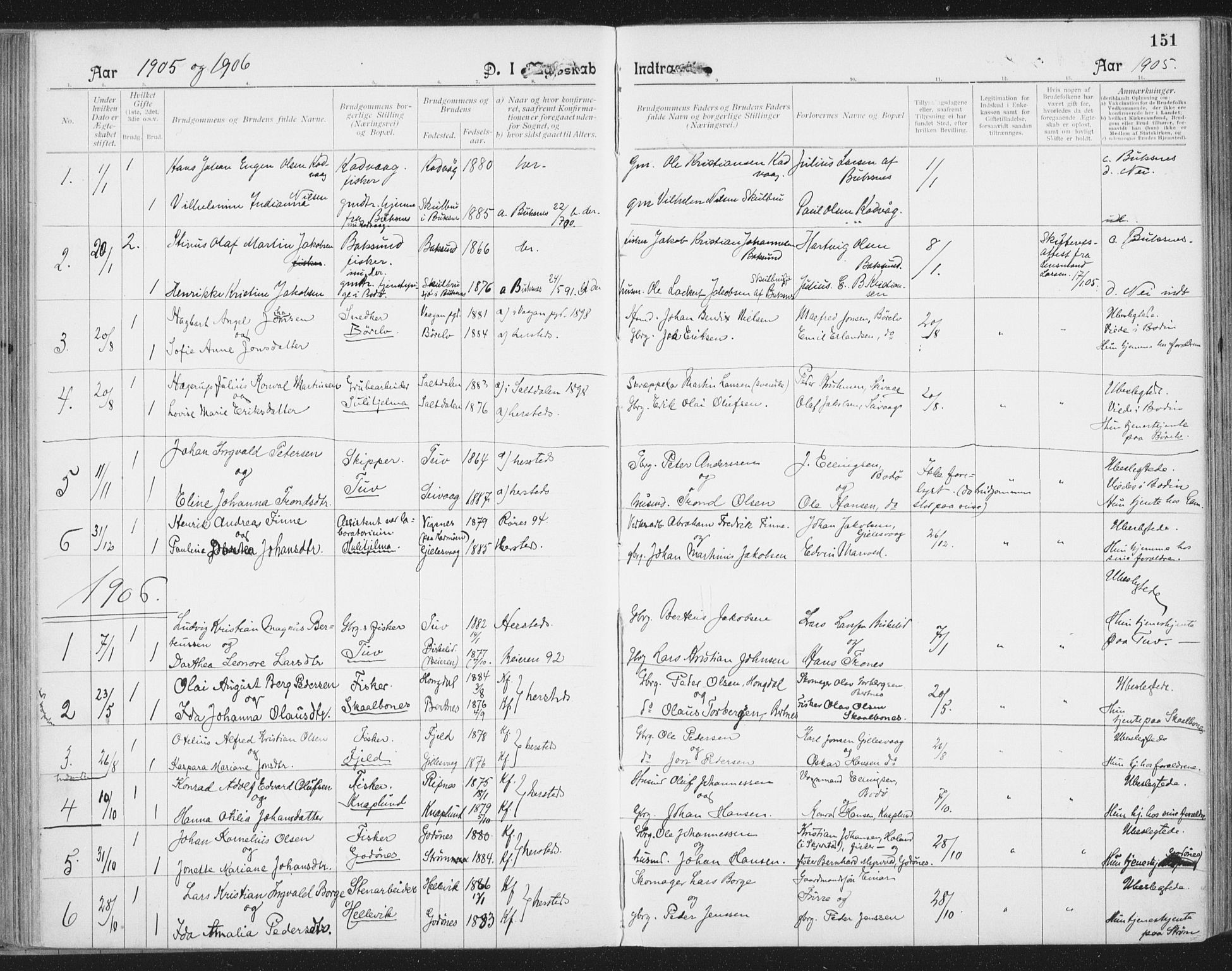 Ministerialprotokoller, klokkerbøker og fødselsregistre - Nordland, AV/SAT-A-1459/804/L0081: Parish register (official) no. 804A02, 1901-1915, p. 151