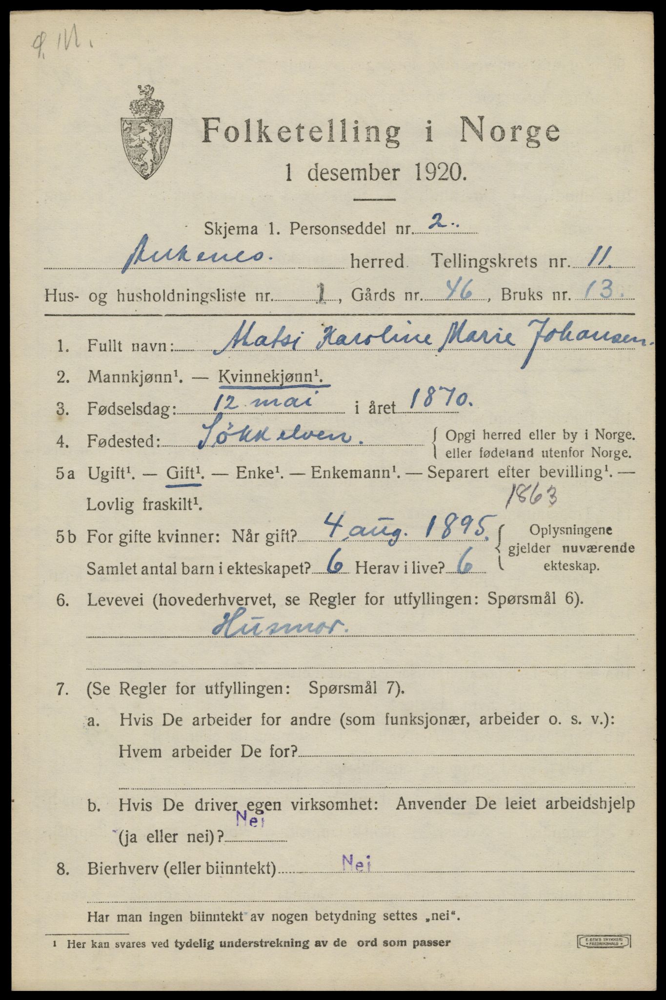 SAT, 1920 census for Ankenes, 1920, p. 5819