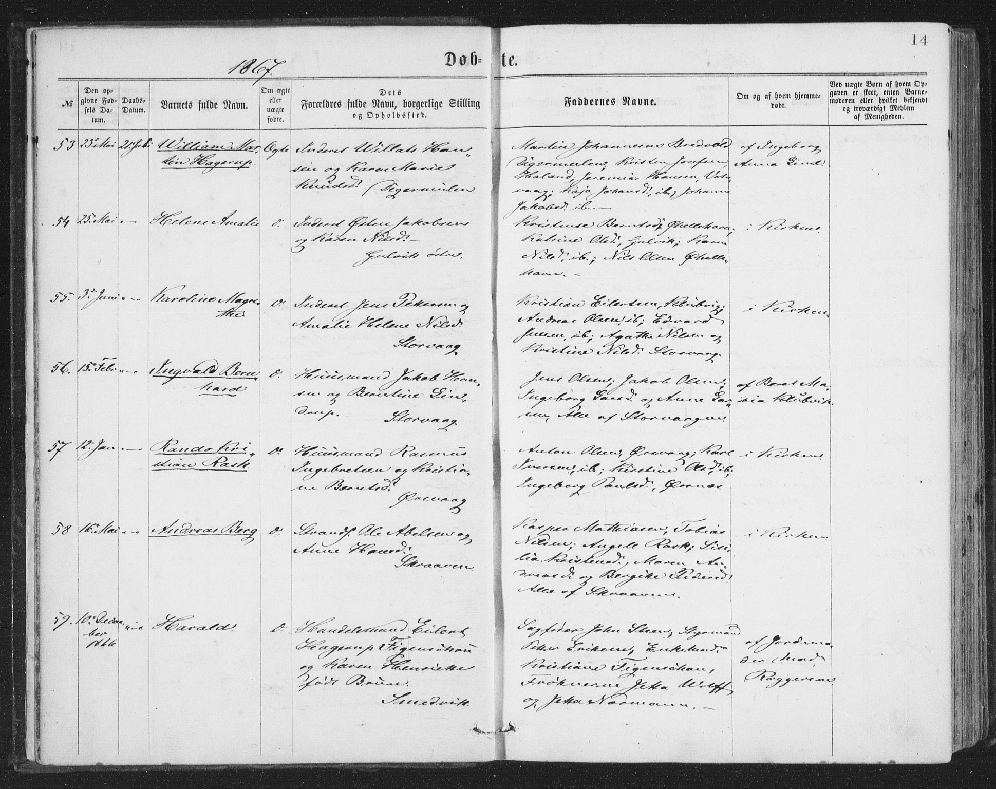 Ministerialprotokoller, klokkerbøker og fødselsregistre - Nordland, AV/SAT-A-1459/874/L1057: Parish register (official) no. 874A01, 1866-1877, p. 14