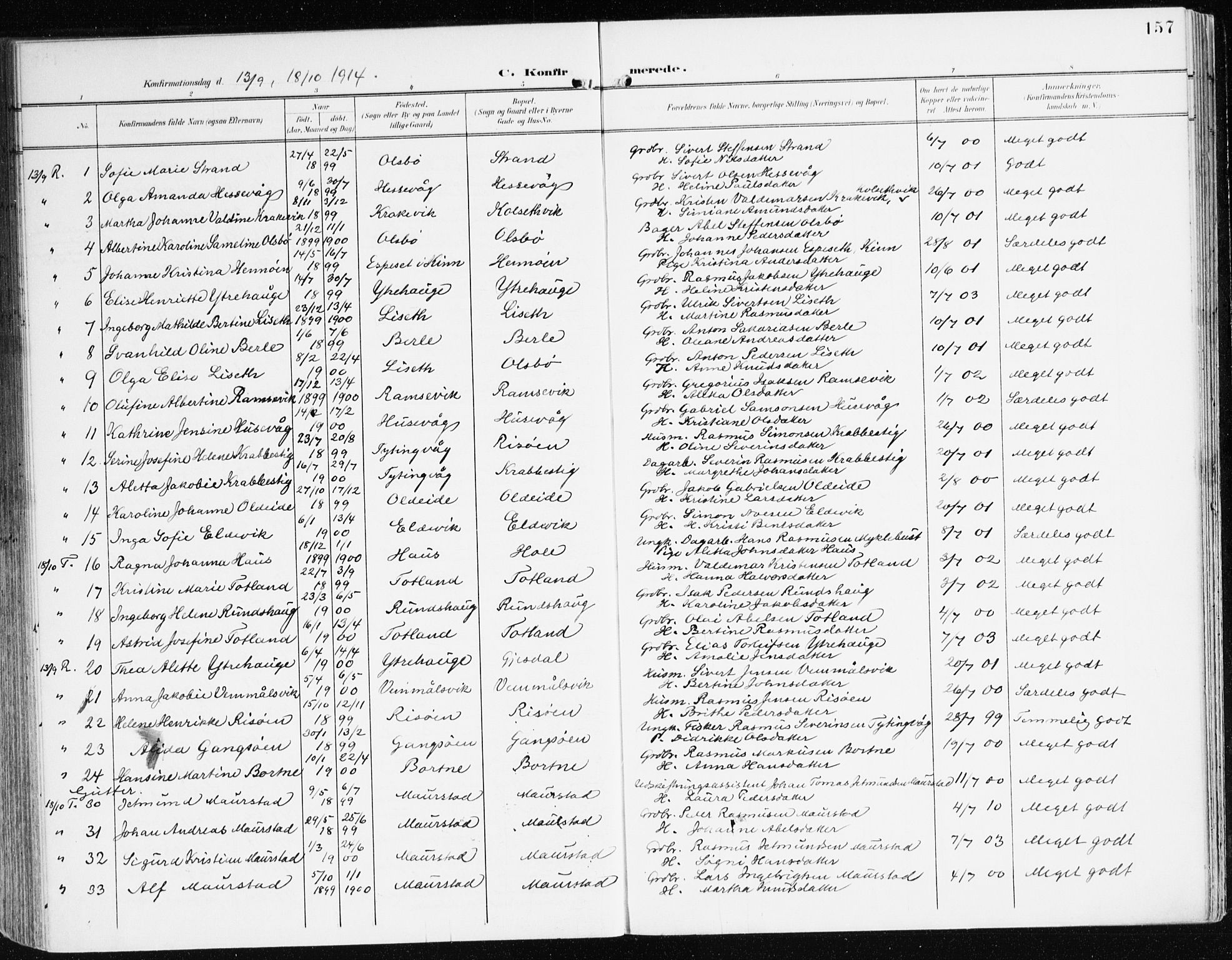 Davik sokneprestembete, SAB/A-79701/H/Haa/Haad/L0002: Parish register (official) no. D 2, 1901-1930, p. 157