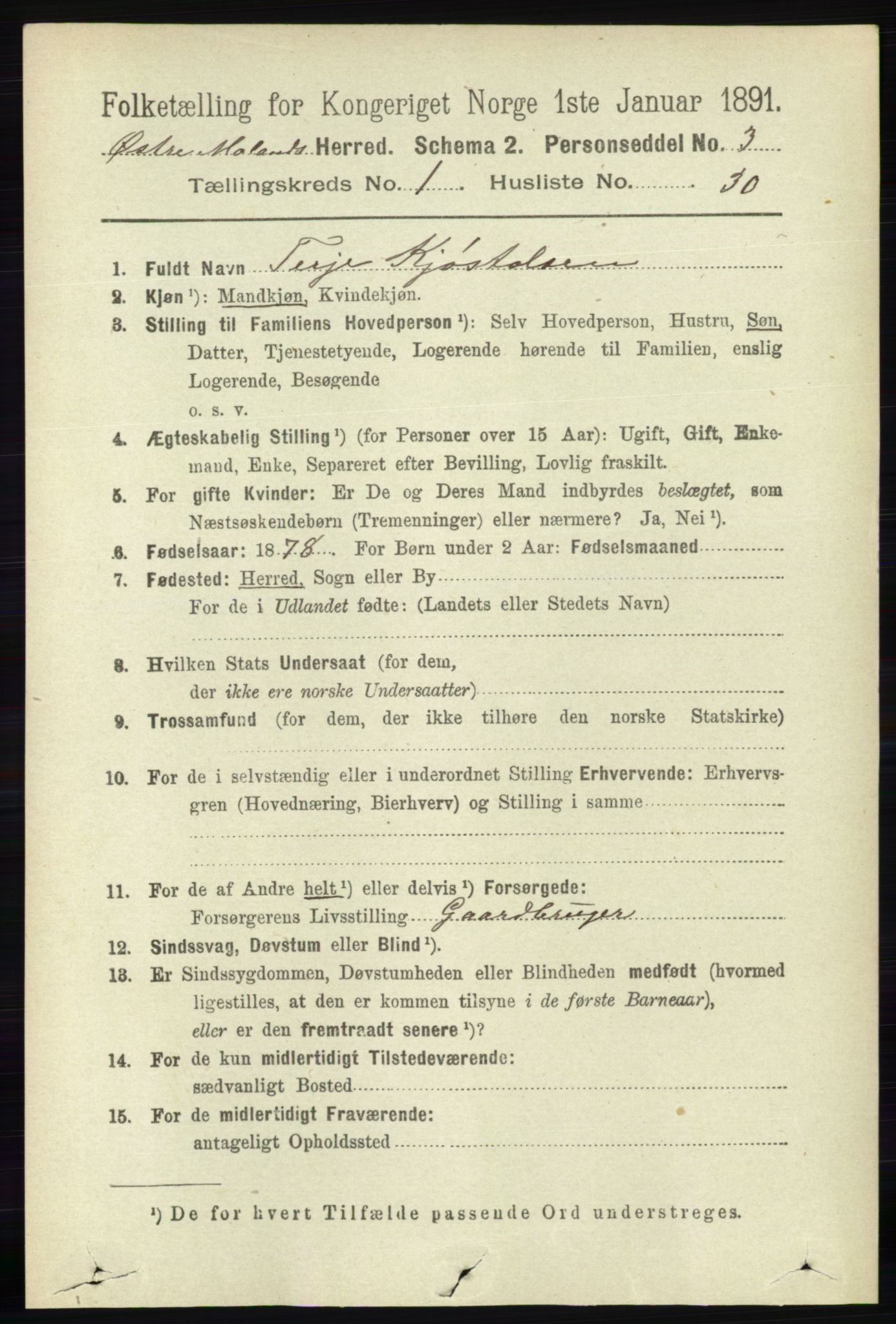 RA, 1891 census for 0918 Austre Moland, 1891, p. 282