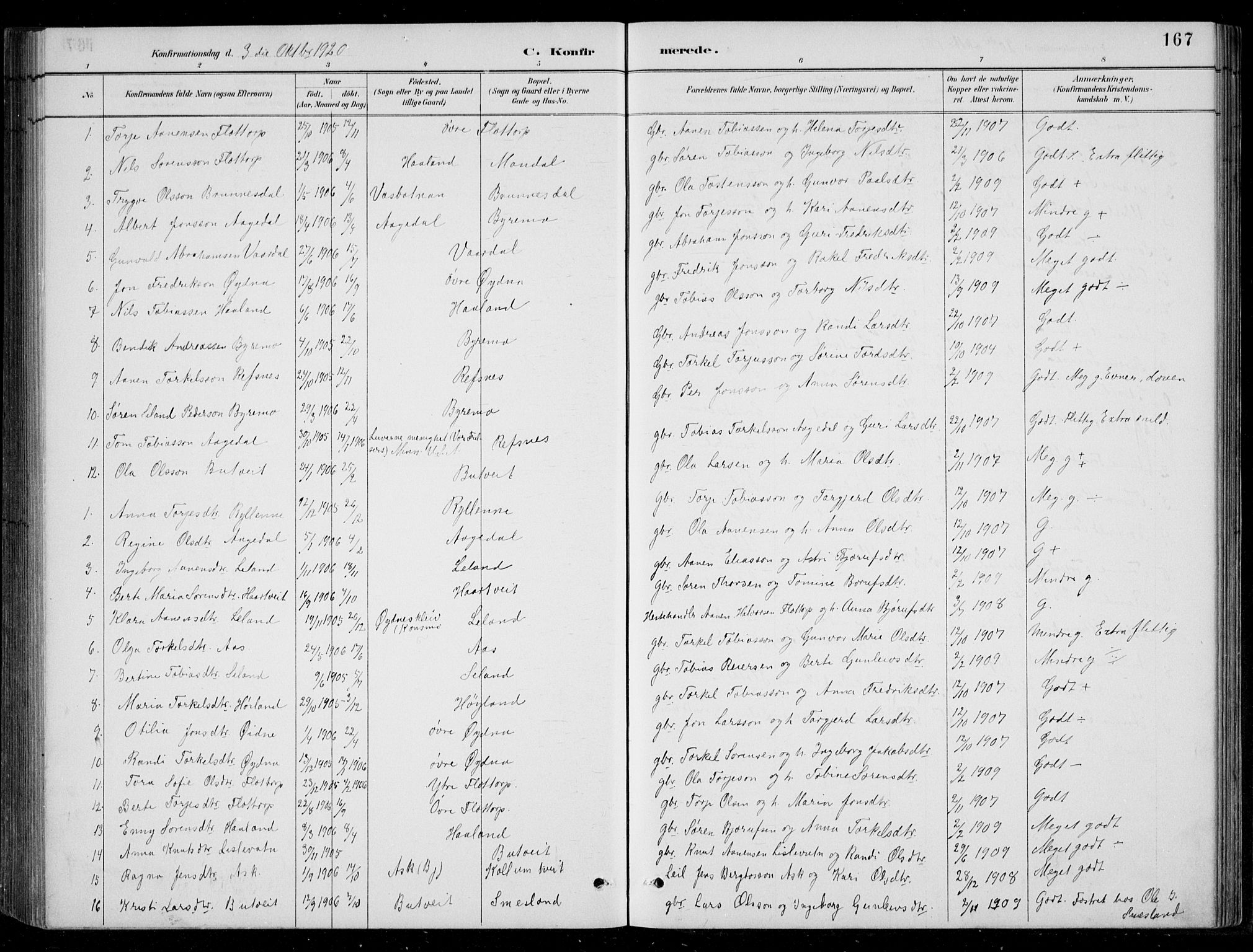 Bjelland sokneprestkontor, SAK/1111-0005/F/Fb/Fbc/L0003: Parish register (copy) no. B 3, 1887-1924, p. 167