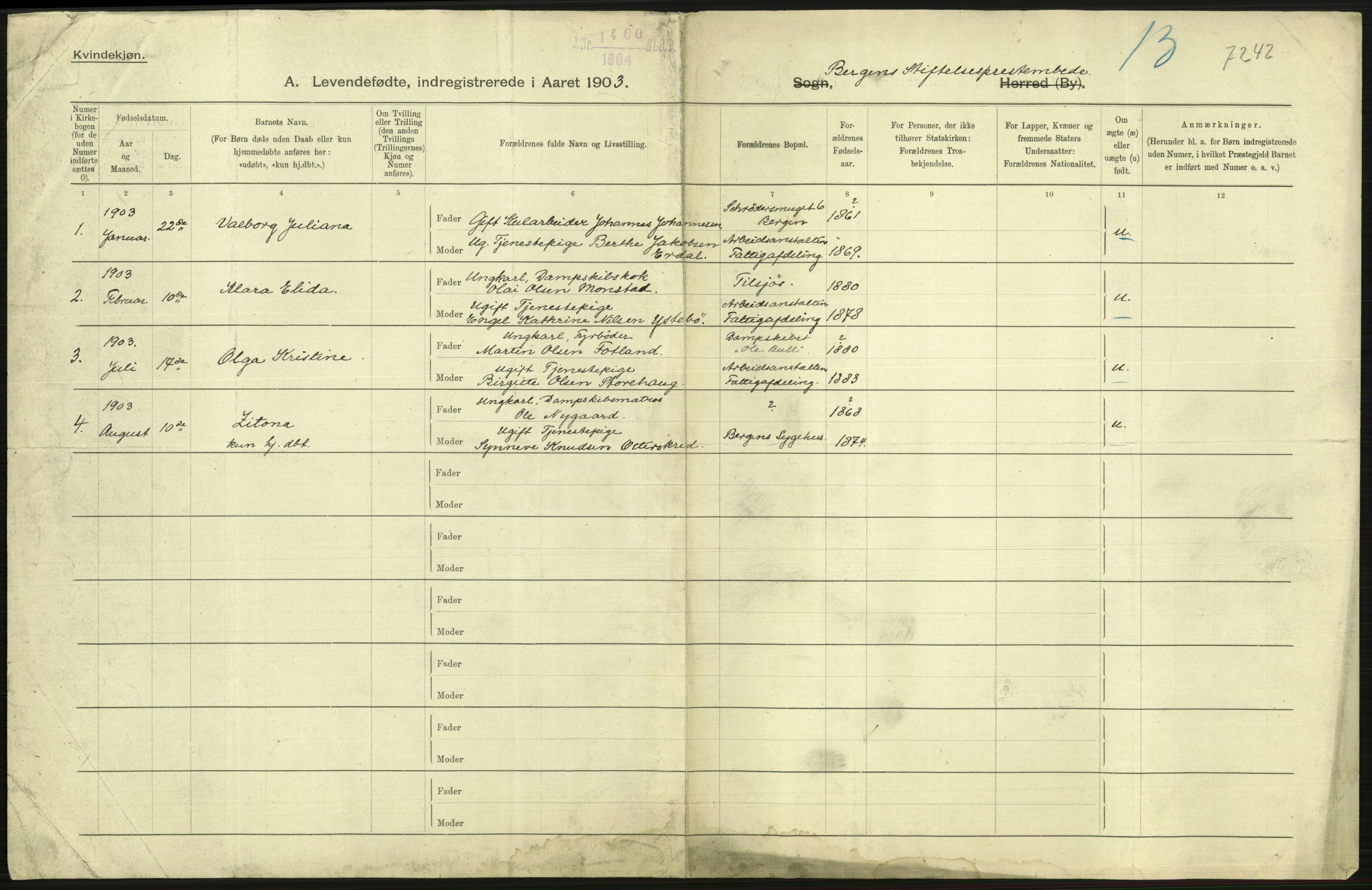 Statistisk sentralbyrå, Sosiodemografiske emner, Befolkning, RA/S-2228/D/Df/Dfa/Dfaa/L0014: Bergen: Fødte, gifte, døde, 1903, p. 3