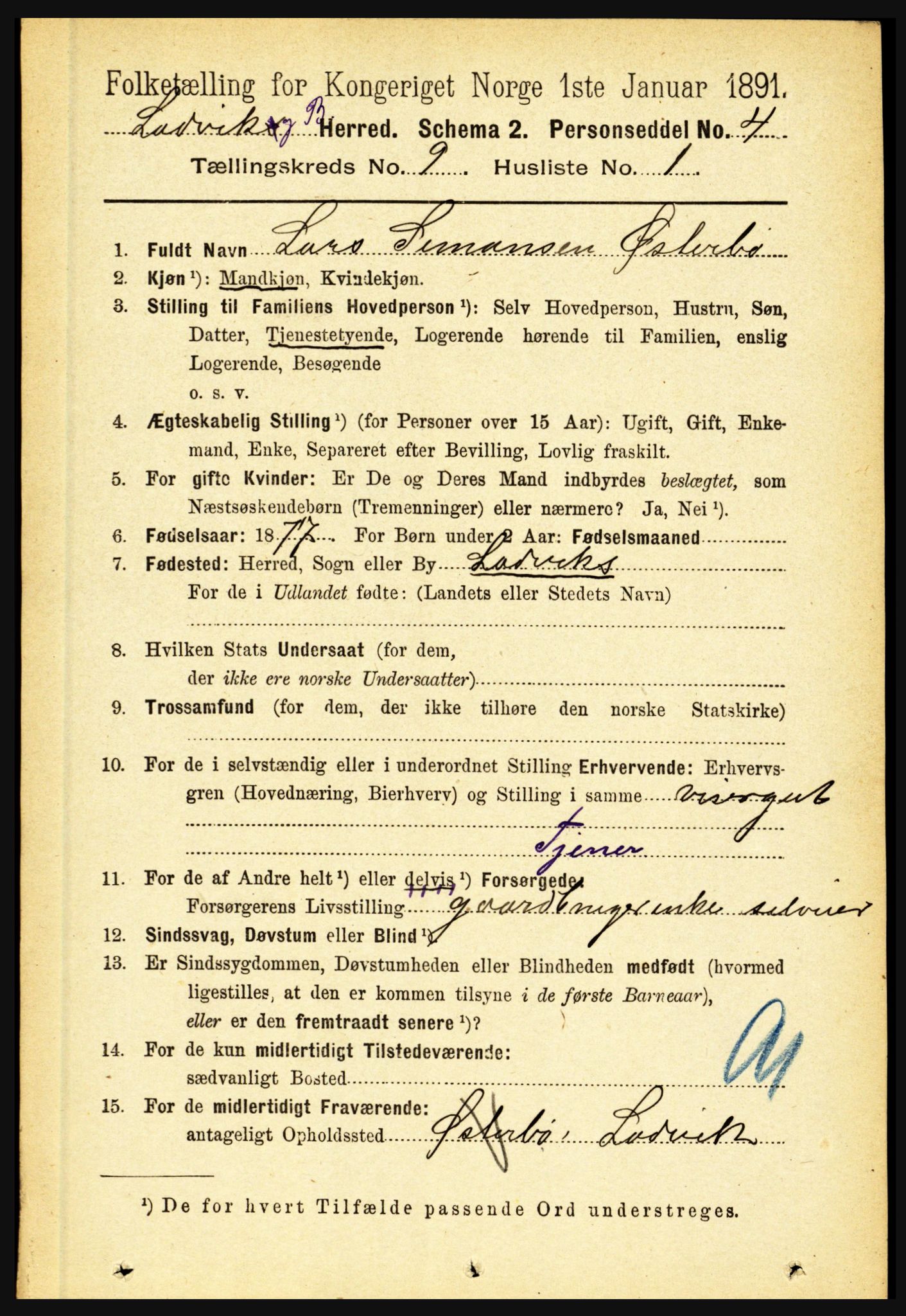 RA, 1891 census for 1415 Lavik og Brekke, 1891, p. 1806