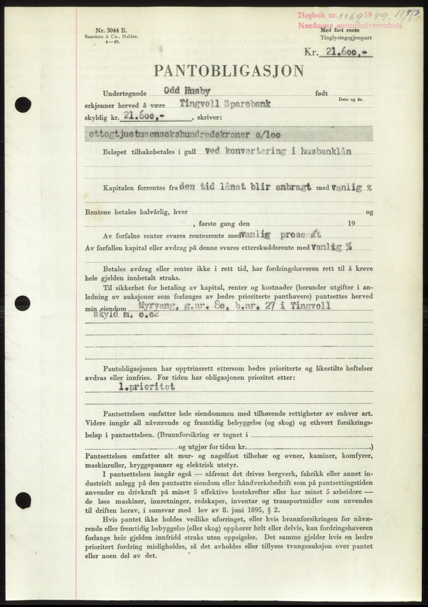 Nordmøre sorenskriveri, AV/SAT-A-4132/1/2/2Ca: Mortgage book no. B102, 1949-1949, Diary no: : 2269/1949