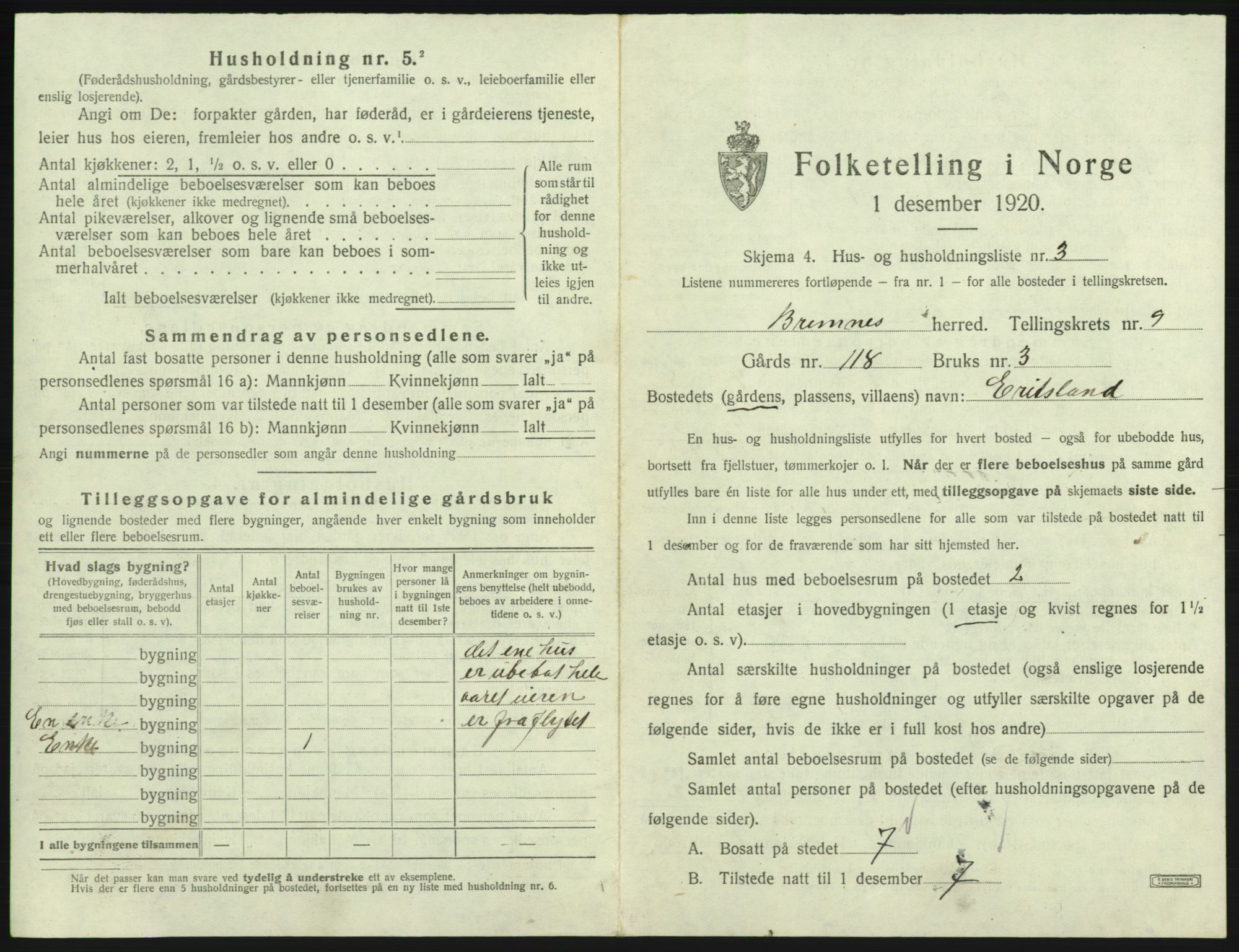 SAB, 1920 census for Bremnes, 1920, p. 785