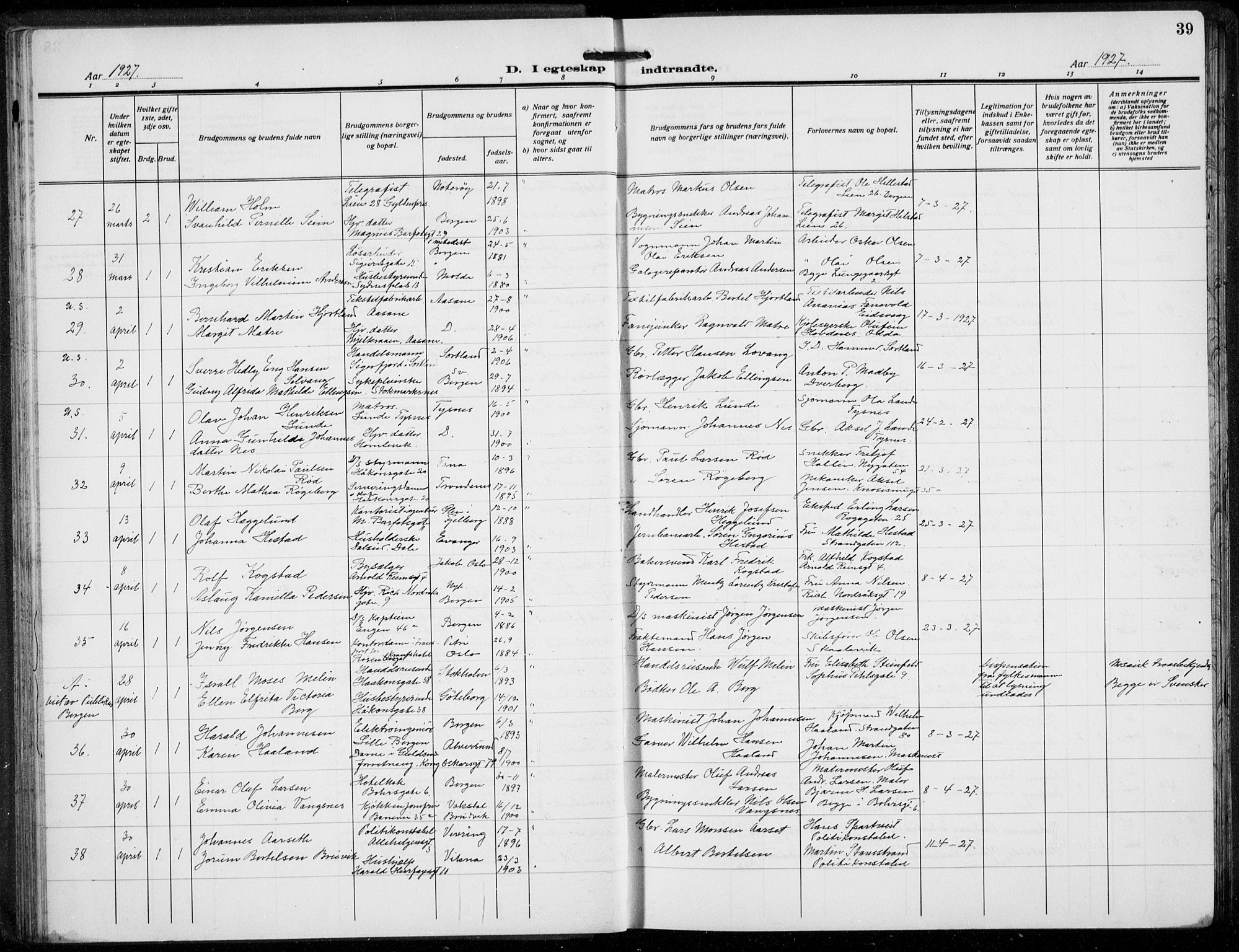 Domkirken sokneprestembete, AV/SAB-A-74801/H/Hab/L0034: Parish register (copy) no. D 6, 1924-1941, p. 39