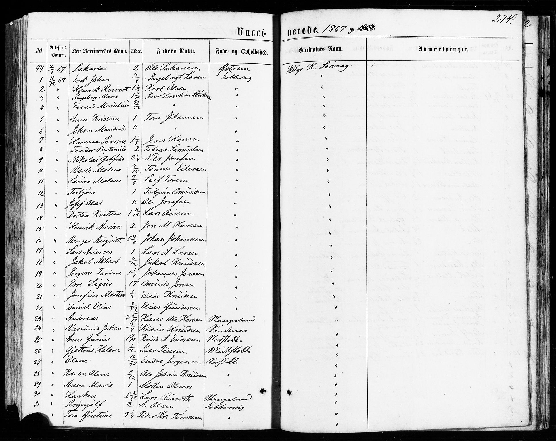 Avaldsnes sokneprestkontor, SAST/A -101851/H/Ha/Haa/L0011: Parish register (official) no. A 11, 1861-1880, p. 274