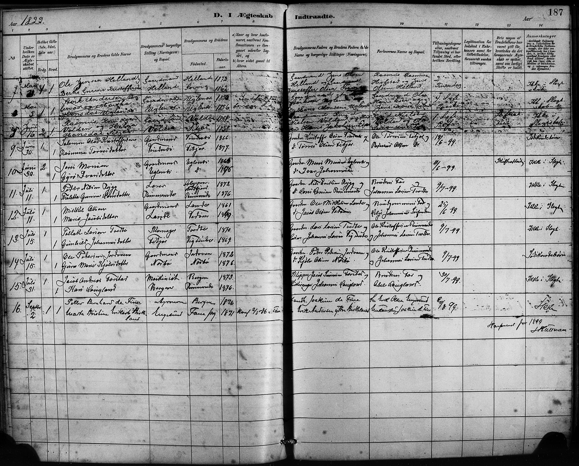 Fitjar sokneprestembete, SAB/A-99926: Parish register (official) no. A 2, 1882-1899, p. 187