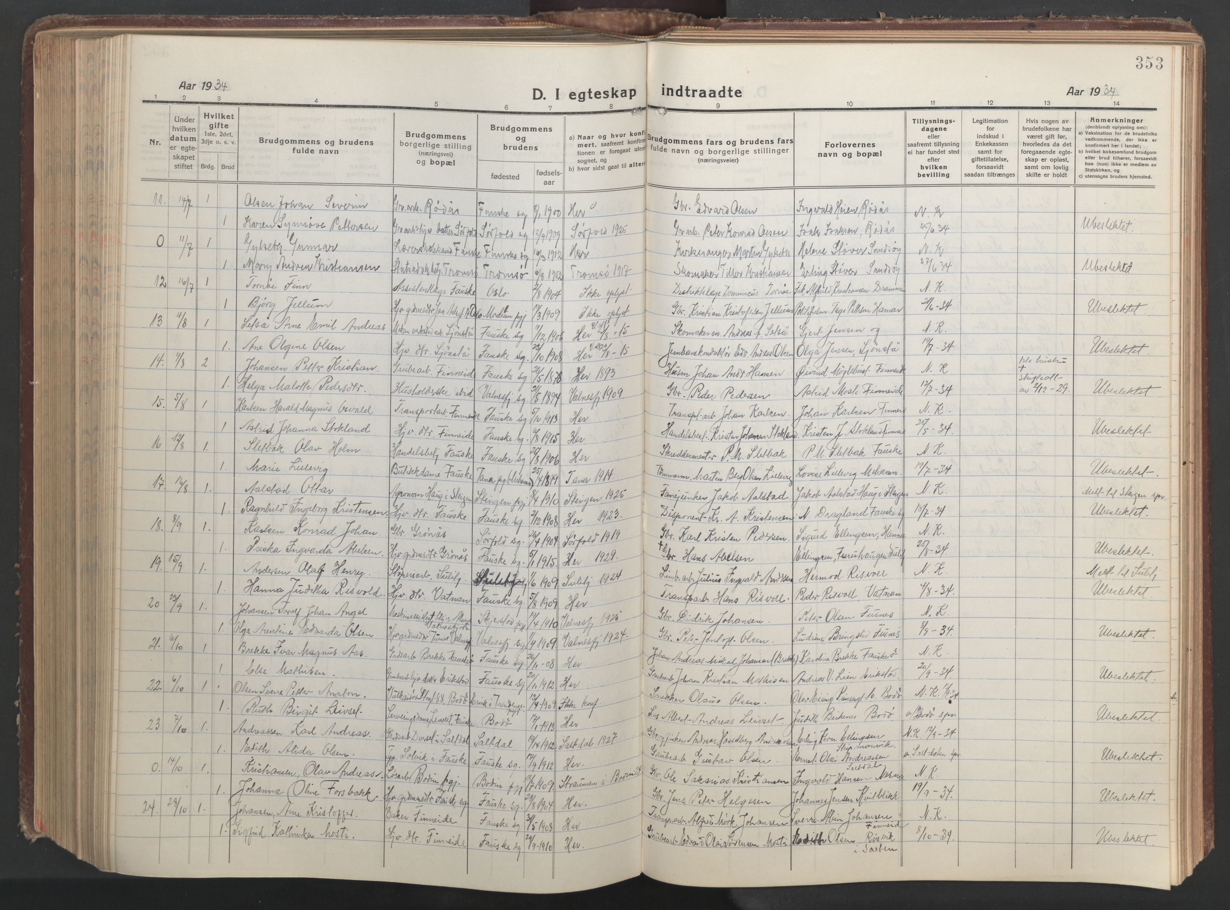 Ministerialprotokoller, klokkerbøker og fødselsregistre - Nordland, AV/SAT-A-1459/849/L0700: Parish register (copy) no. 849C01, 1919-1946, p. 353