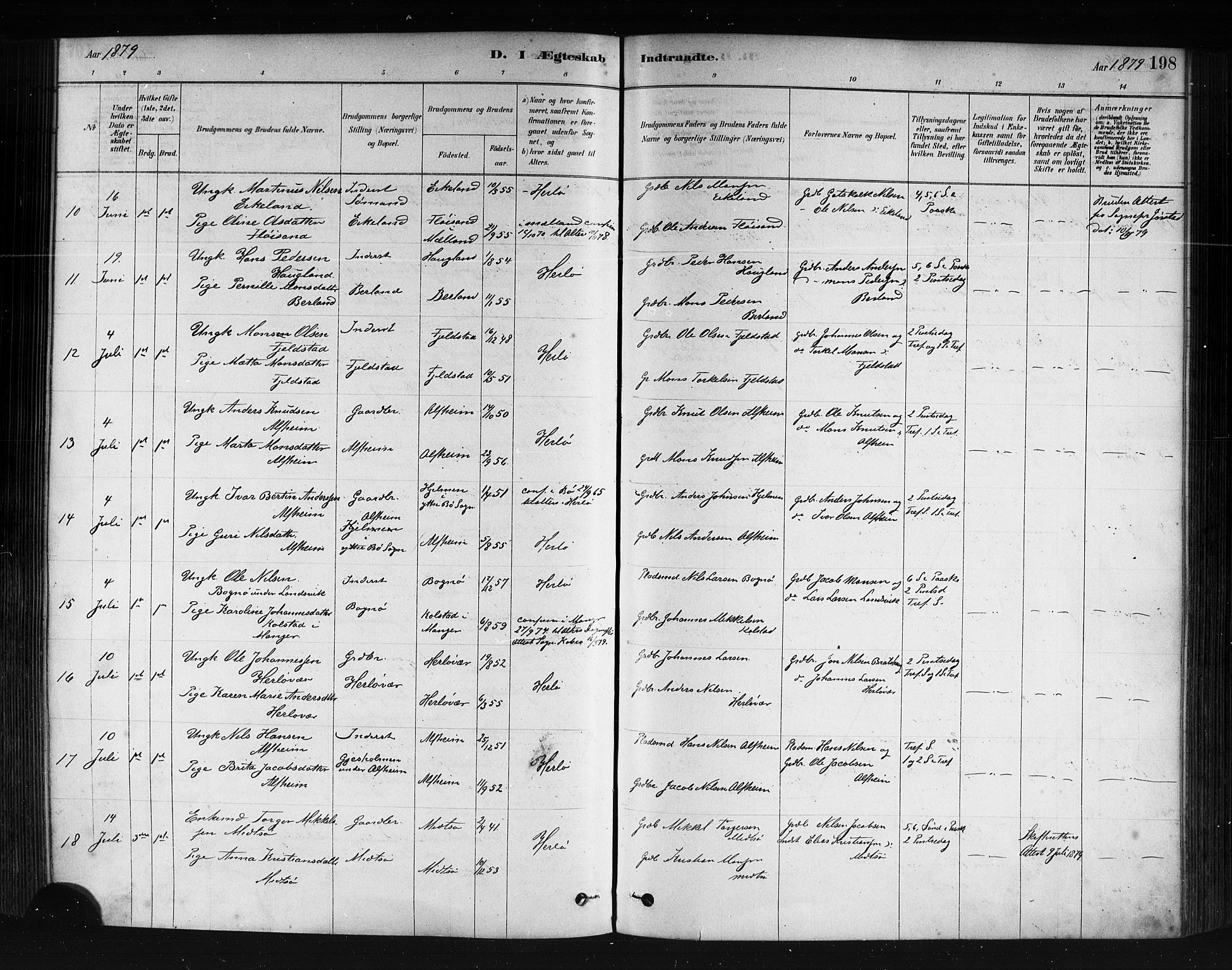 Herdla Sokneprestembete, AV/SAB-A-75701/H/Haa: Parish register (official) no. A 3, 1878-1890, p. 198