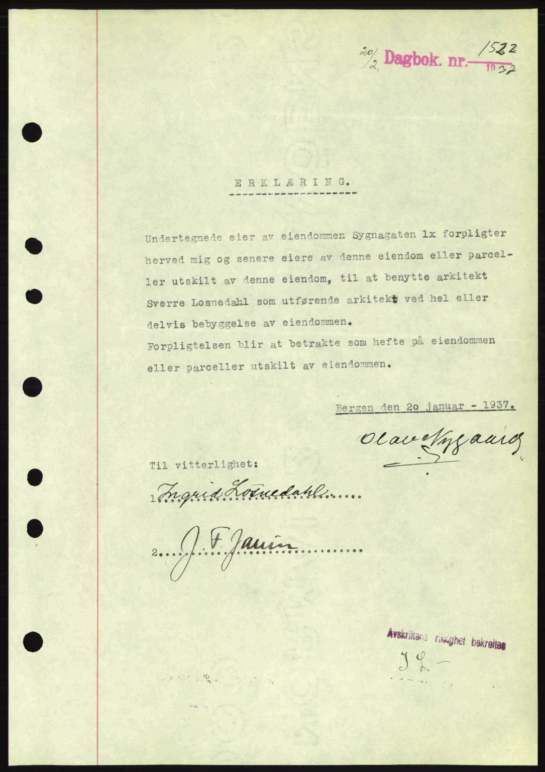 Byfogd og Byskriver i Bergen, AV/SAB-A-3401/03/03Bc/L0004: Mortgage book no. A3-4, 1936-1937, Diary no: : 1522/1937