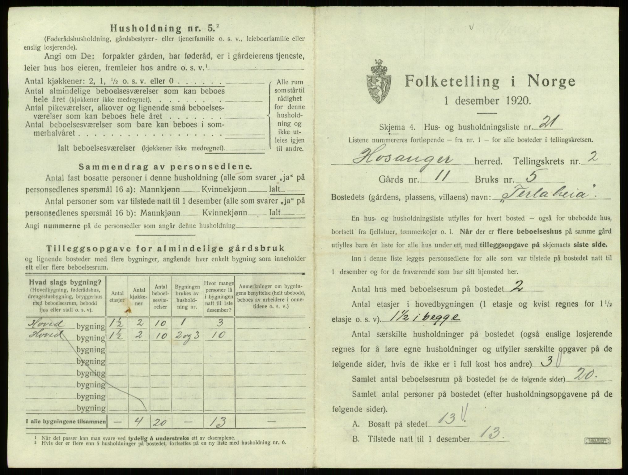 SAB, 1920 census for Hosanger, 1920, p. 138