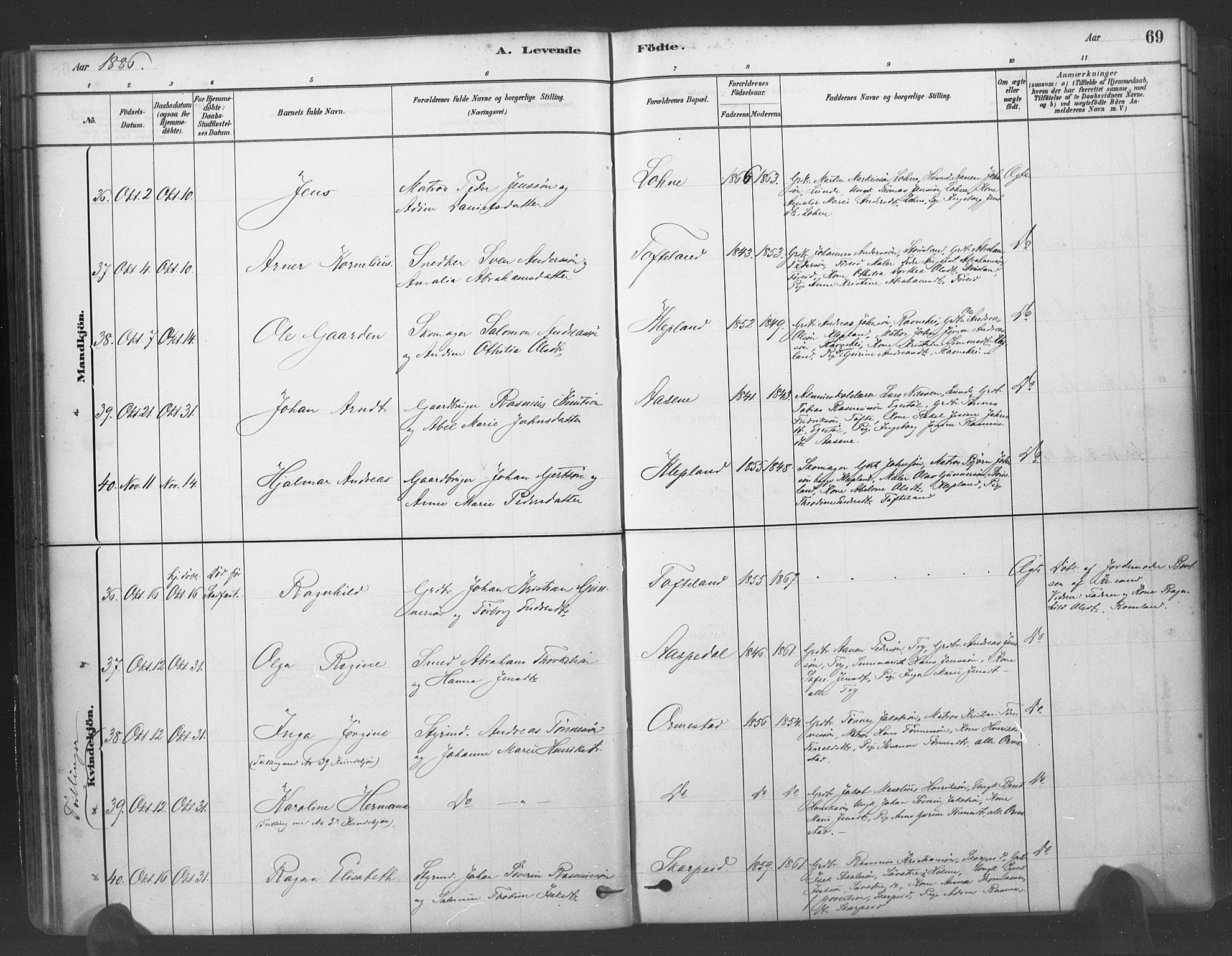 Søgne sokneprestkontor, SAK/1111-0037/F/Fa/Fab/L0012: Parish register (official) no. A 12, 1880-1891, p. 69