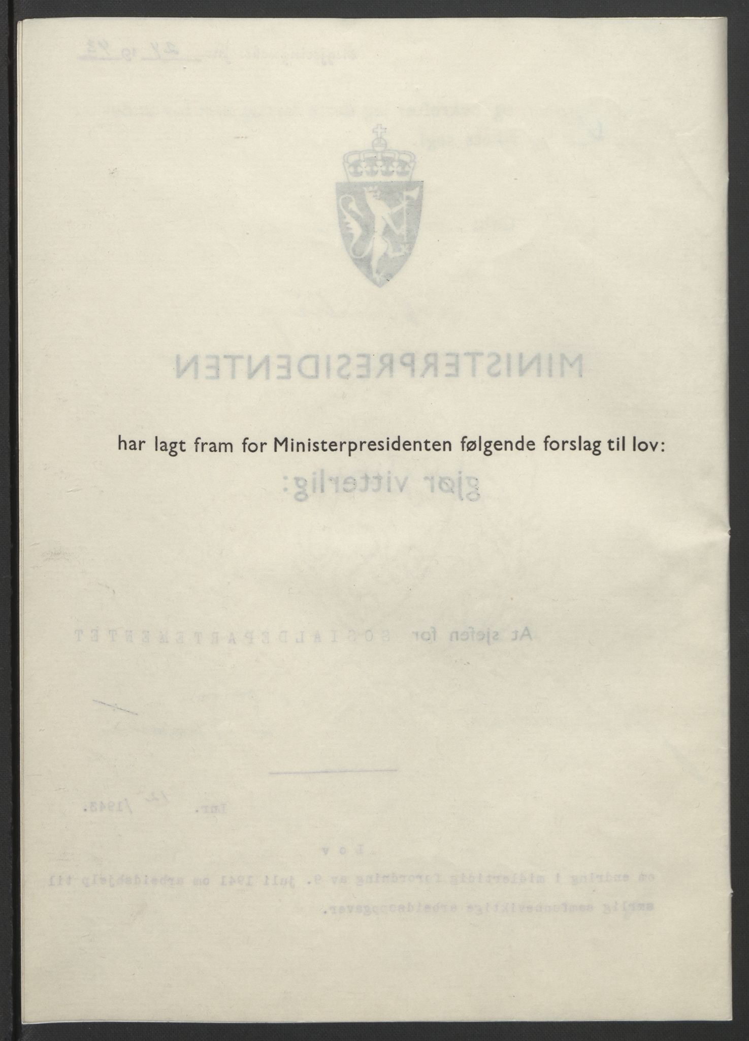 NS-administrasjonen 1940-1945 (Statsrådsekretariatet, de kommisariske statsråder mm), RA/S-4279/D/Db/L0099: Lover, 1943, p. 49