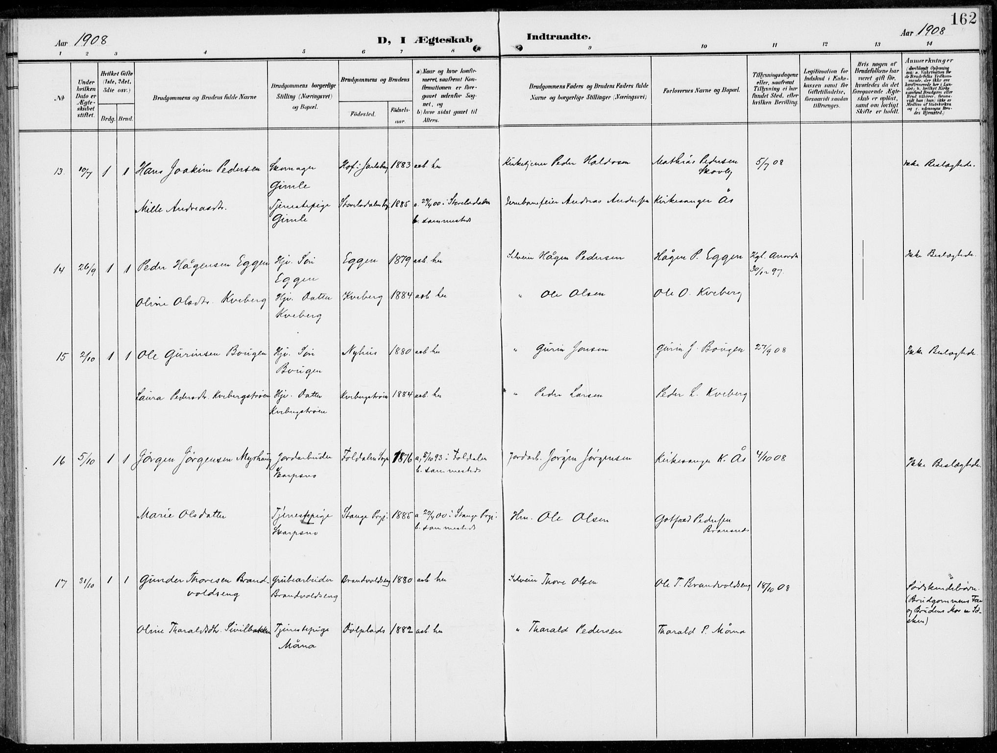 Alvdal prestekontor, AV/SAH-PREST-060/H/Ha/Haa/L0004: Parish register (official) no. 4, 1907-1919, p. 162