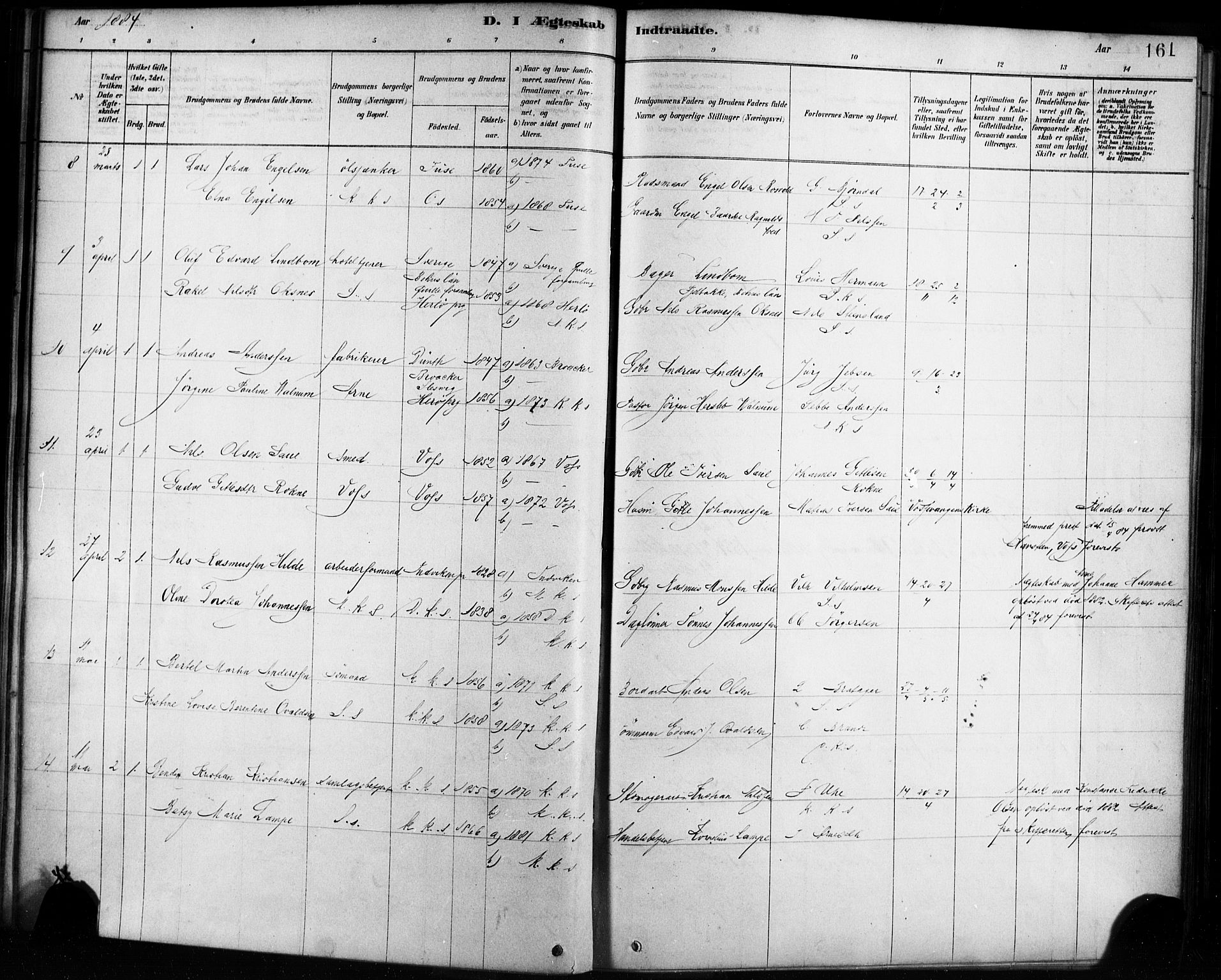 Sandviken Sokneprestembete, AV/SAB-A-77601/H/Ha/L0002: Parish register (official) no. A 2, 1878-1896, p. 161