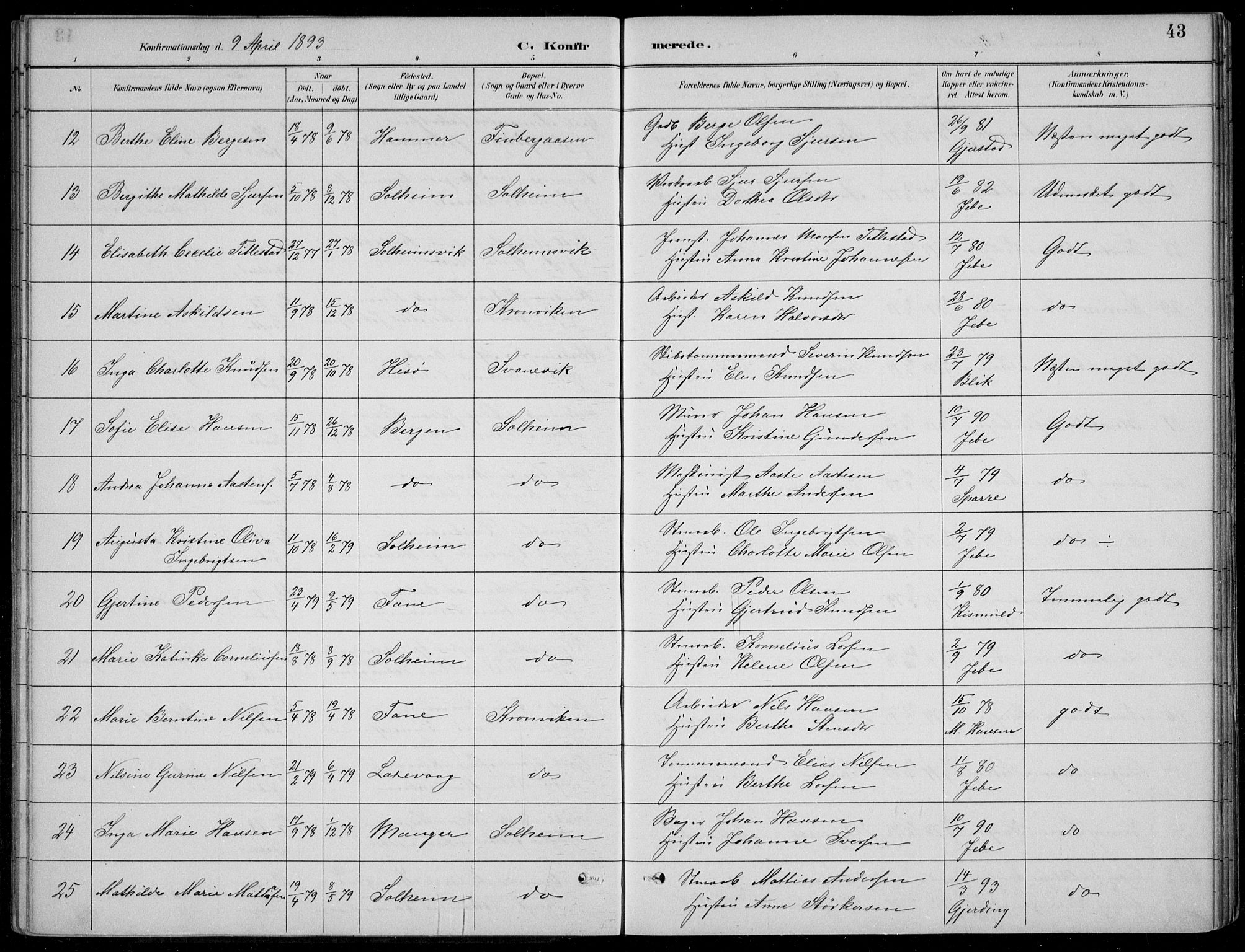 Årstad Sokneprestembete, SAB/A-79301/H/Hab/L0011: Parish register (copy) no. B 1, 1886-1901, p. 43