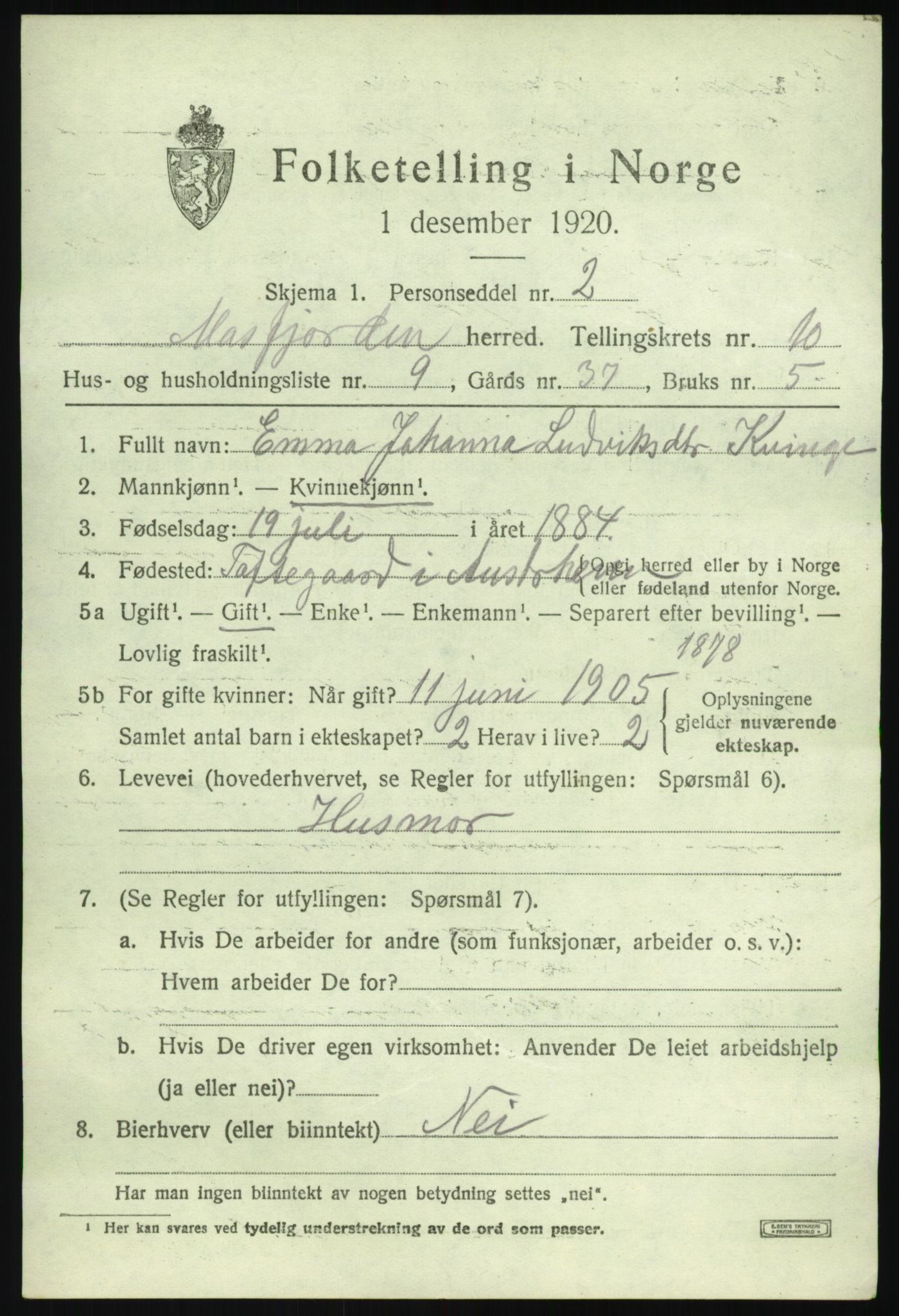 SAB, 1920 census for Masfjorden, 1920, p. 3791