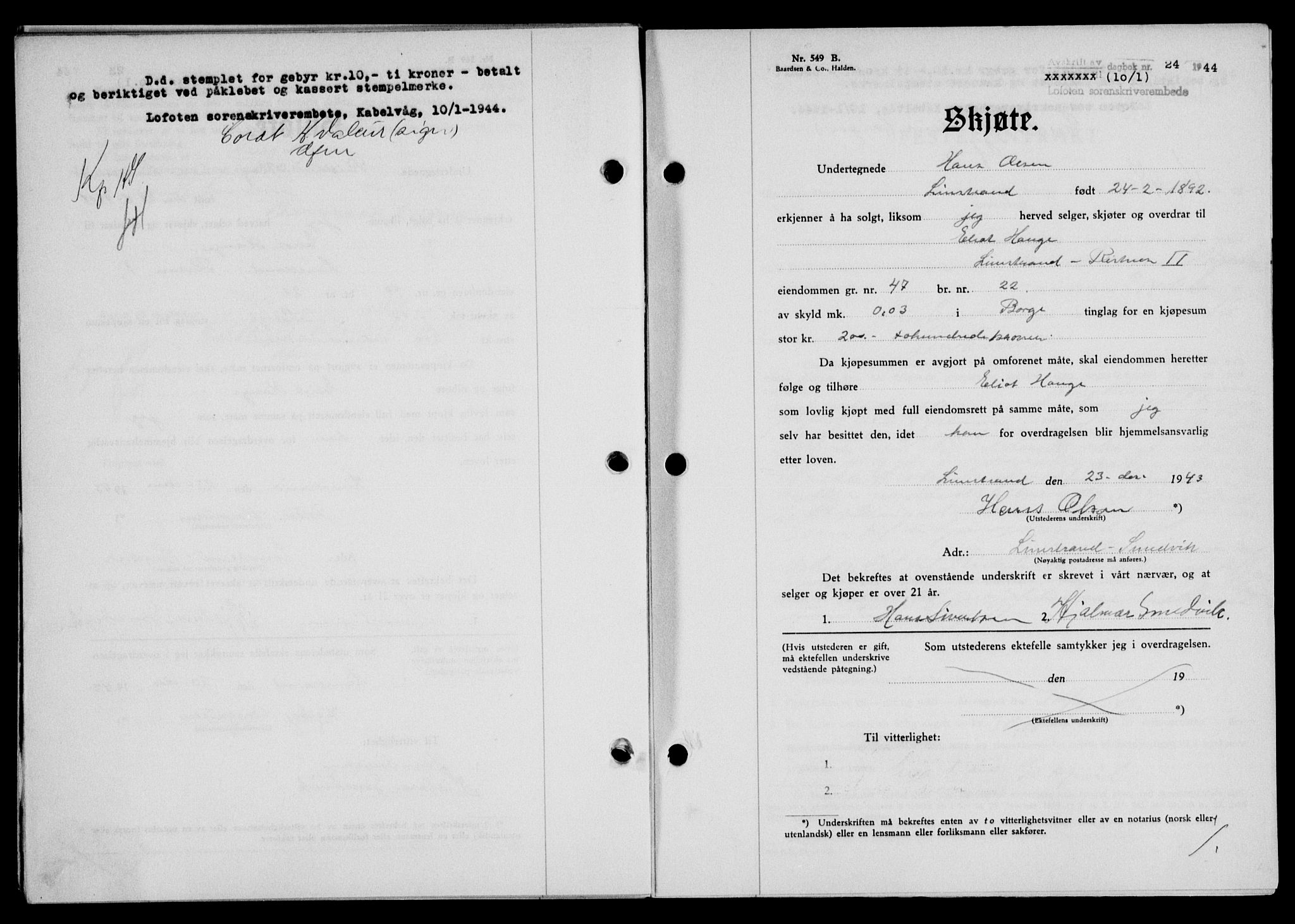 Lofoten sorenskriveri, SAT/A-0017/1/2/2C/L0012a: Mortgage book no. 12a, 1943-1944, Diary no: : 24/1944