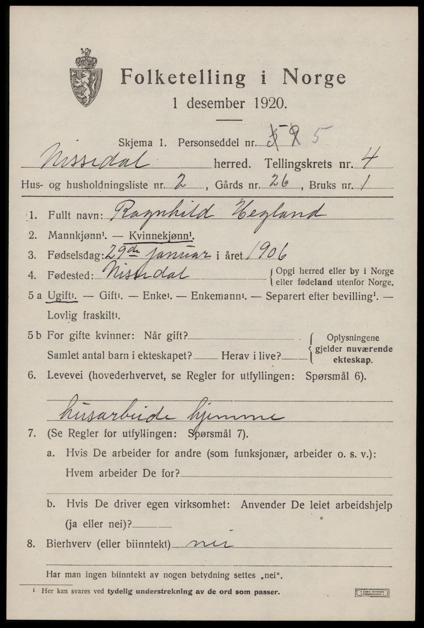 SAKO, 1920 census for Nissedal, 1920, p. 1843