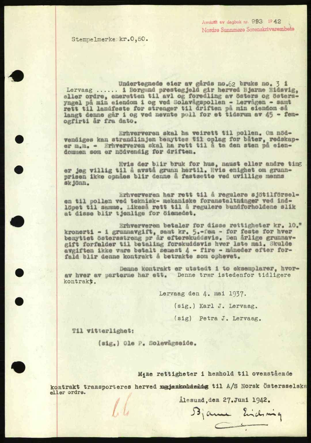 Nordre Sunnmøre sorenskriveri, AV/SAT-A-0006/1/2/2C/2Ca: Mortgage book no. A13, 1942-1942, Diary no: : 993/1942