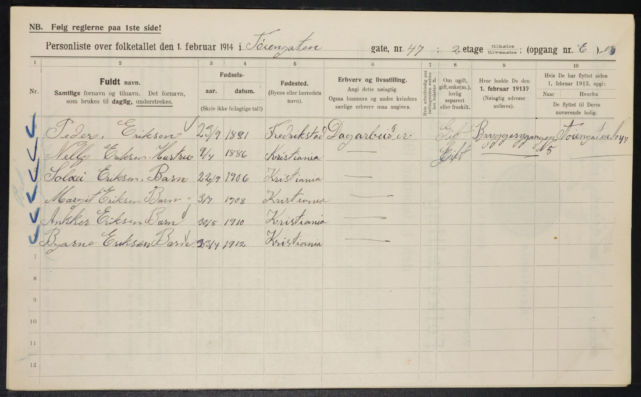 OBA, Municipal Census 1914 for Kristiania, 1914, p. 119556