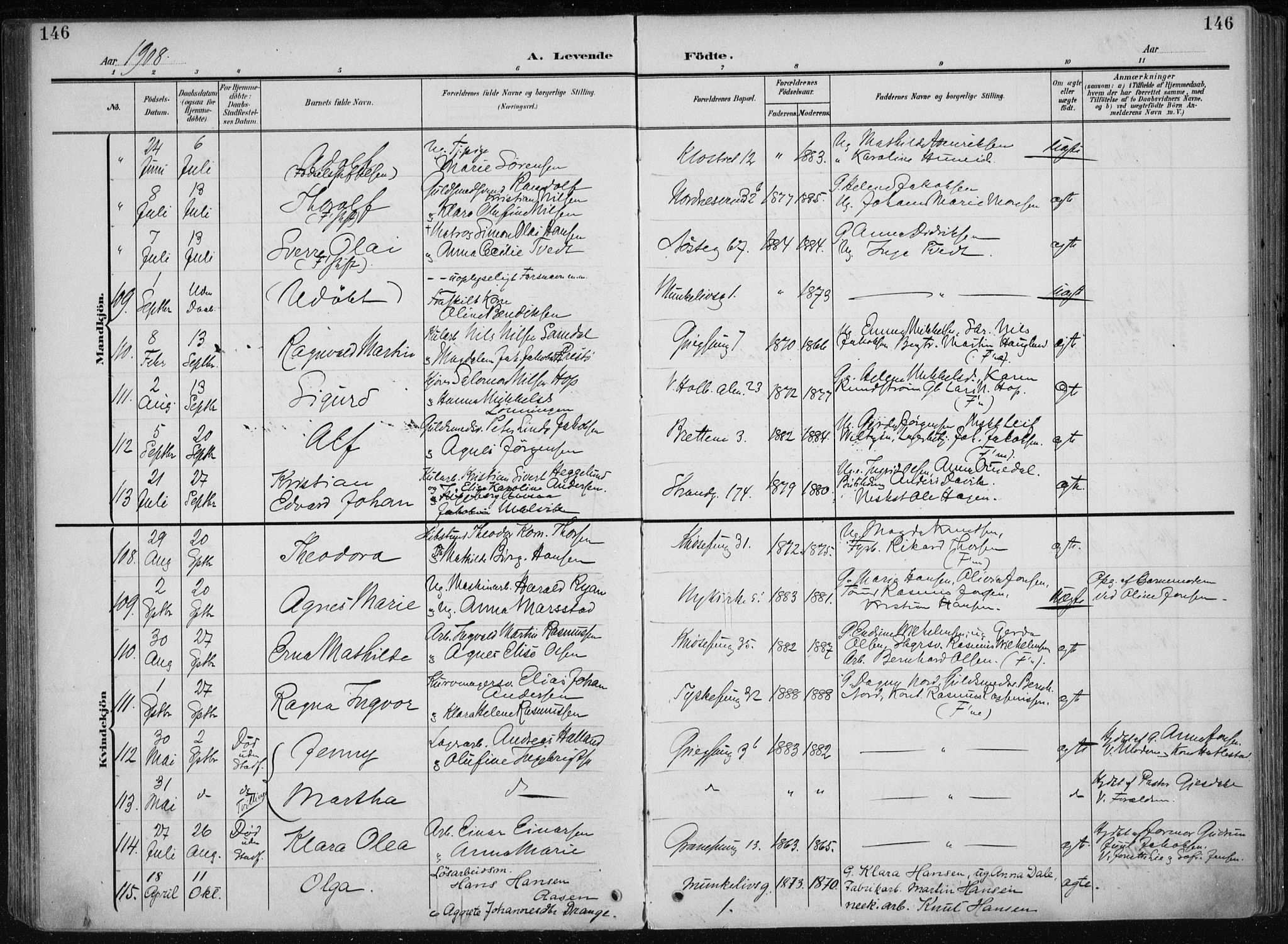 Nykirken Sokneprestembete, AV/SAB-A-77101/H/Haa/L0019: Parish register (official) no. B 7, 1904-1916, p. 146