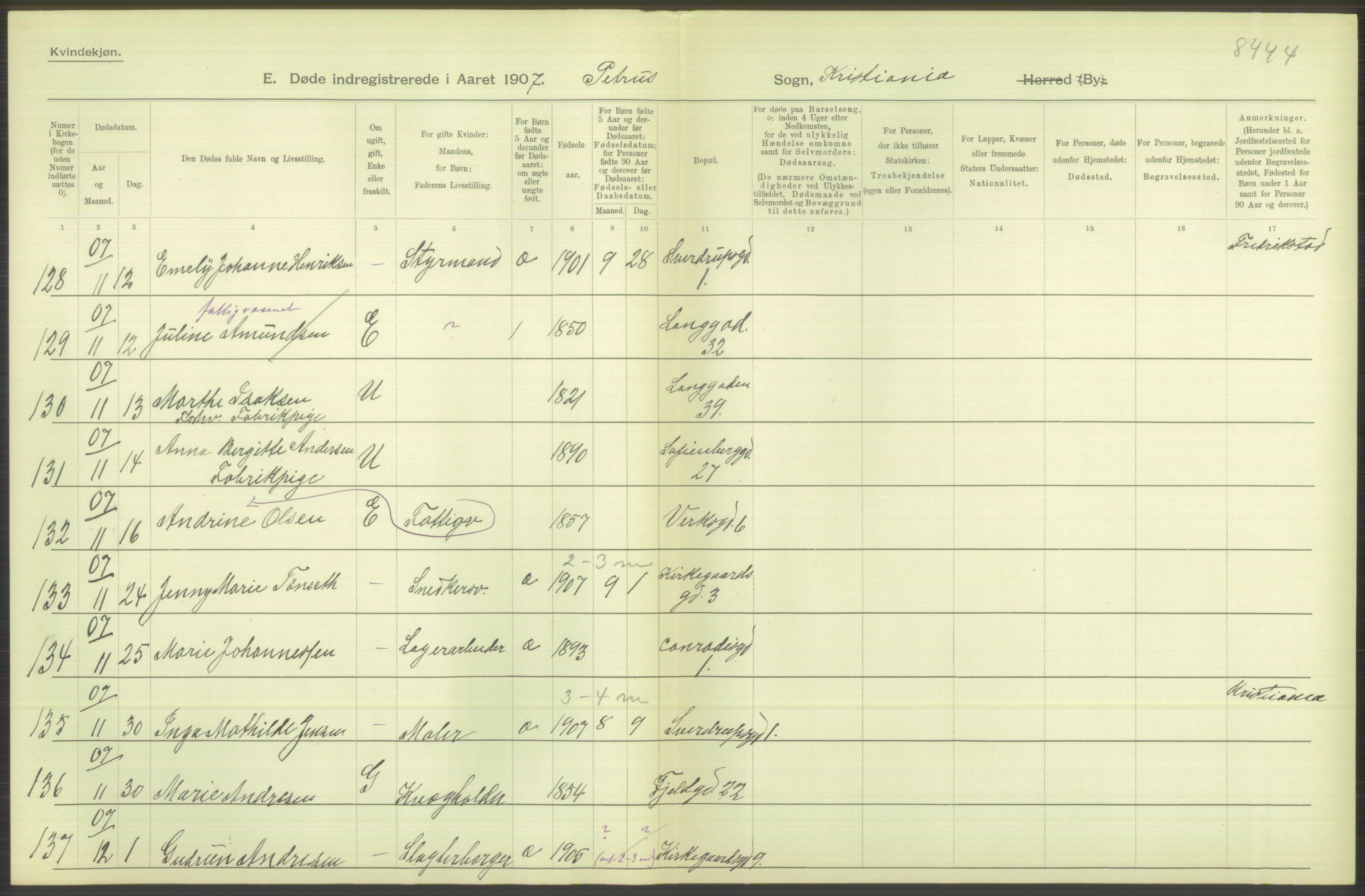 Statistisk sentralbyrå, Sosiodemografiske emner, Befolkning, RA/S-2228/D/Df/Dfa/Dfae/L0009: Kristiania: Døde, 1907, p. 346