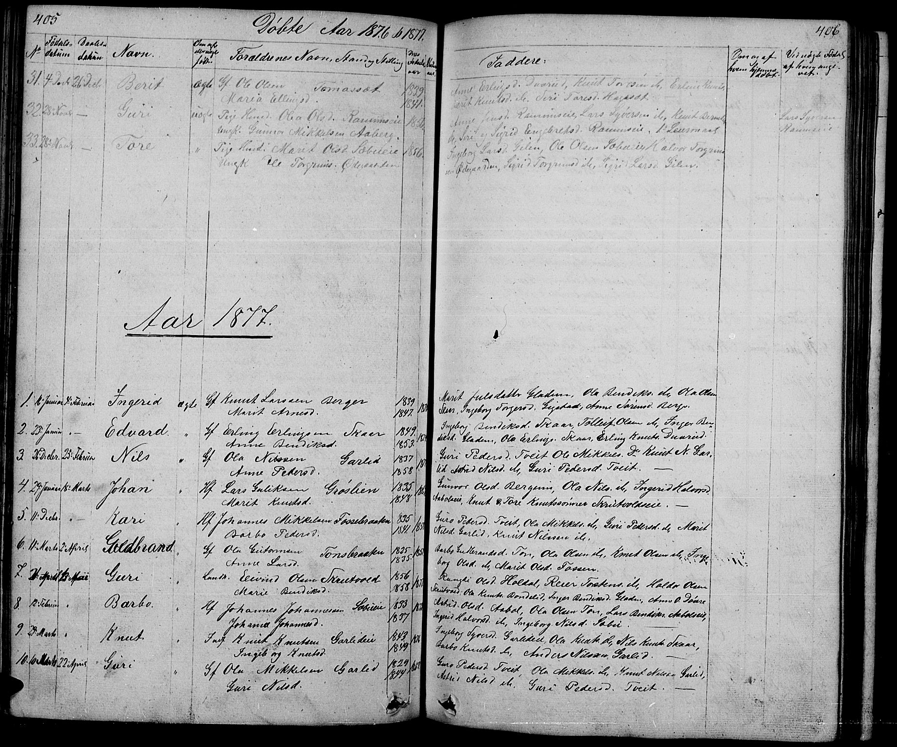 Nord-Aurdal prestekontor, SAH/PREST-132/H/Ha/Hab/L0001: Parish register (copy) no. 1, 1834-1887, p. 405-406