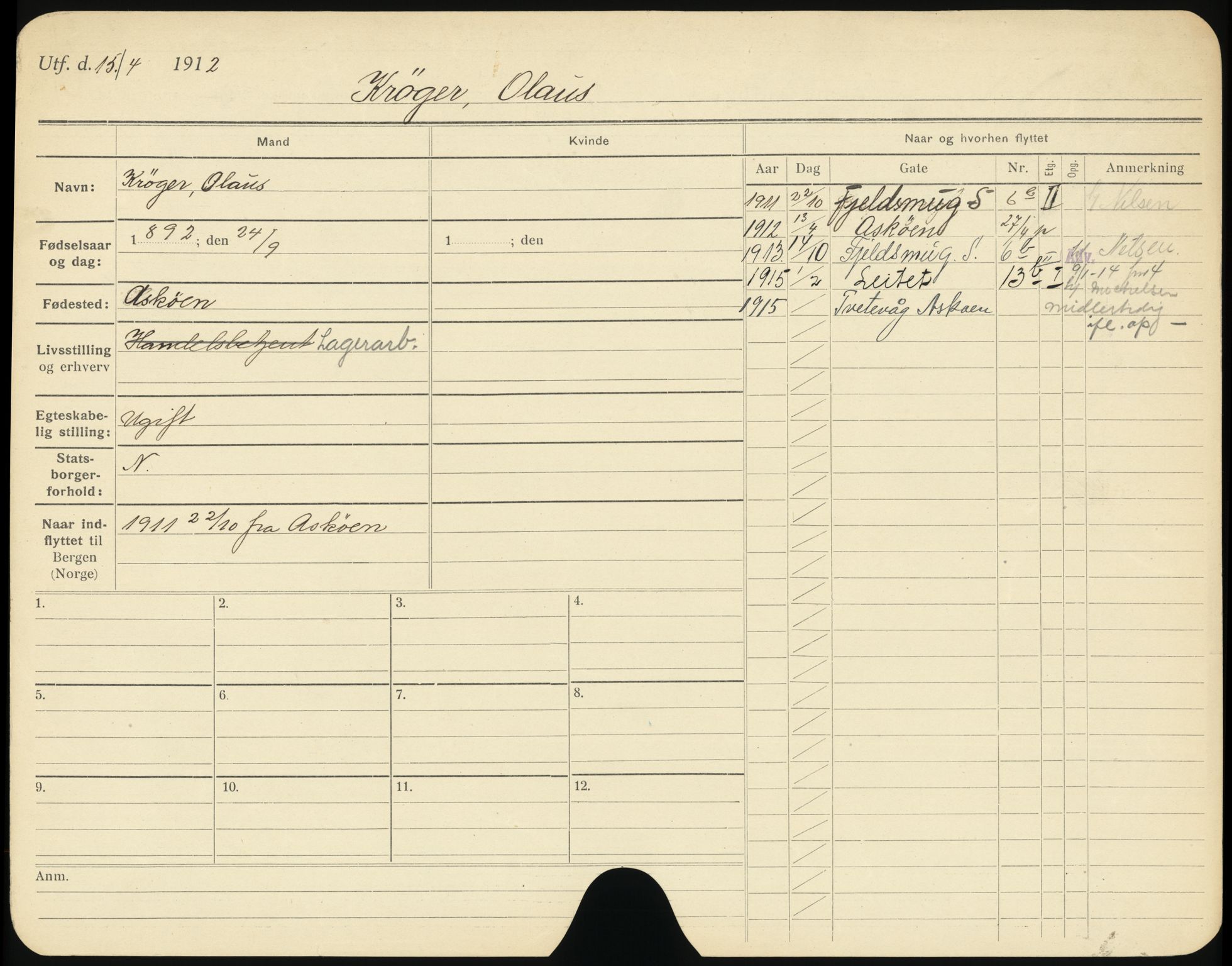 Bergen folkeregister, AV/SAB-A-17201/I/Ia/L0018: Utflyttet 1912 - 1920, Kruse - Larsen, M., 1912-1920