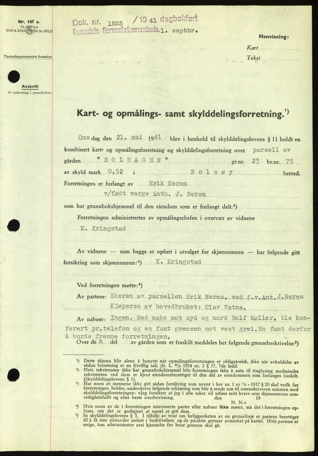 Romsdal sorenskriveri, AV/SAT-A-4149/1/2/2C: Mortgage book no. A10, 1941-1941, Diary no: : 1523/1941