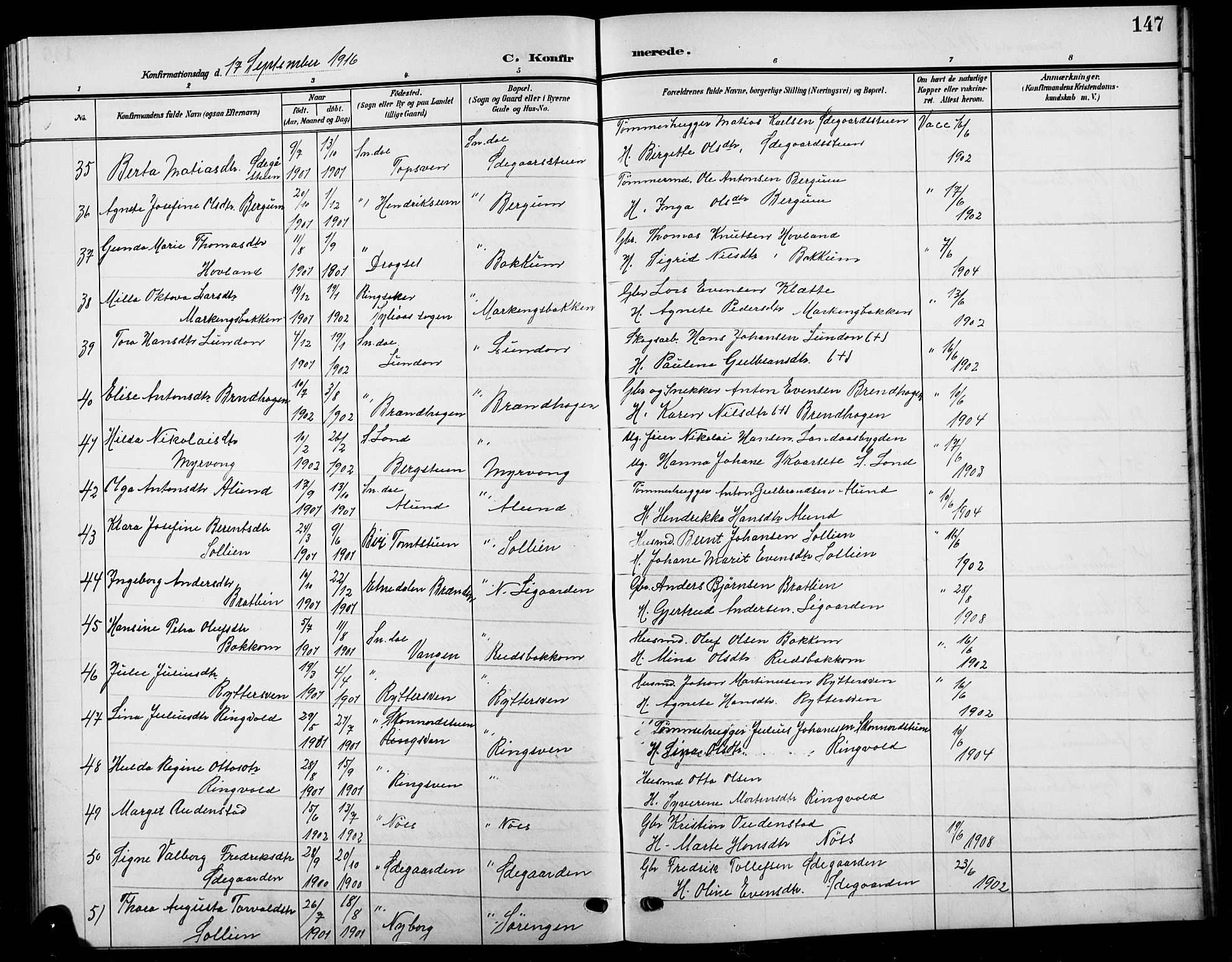 Biri prestekontor, AV/SAH-PREST-096/H/Ha/Hab/L0005: Parish register (copy) no. 5, 1906-1919, p. 147