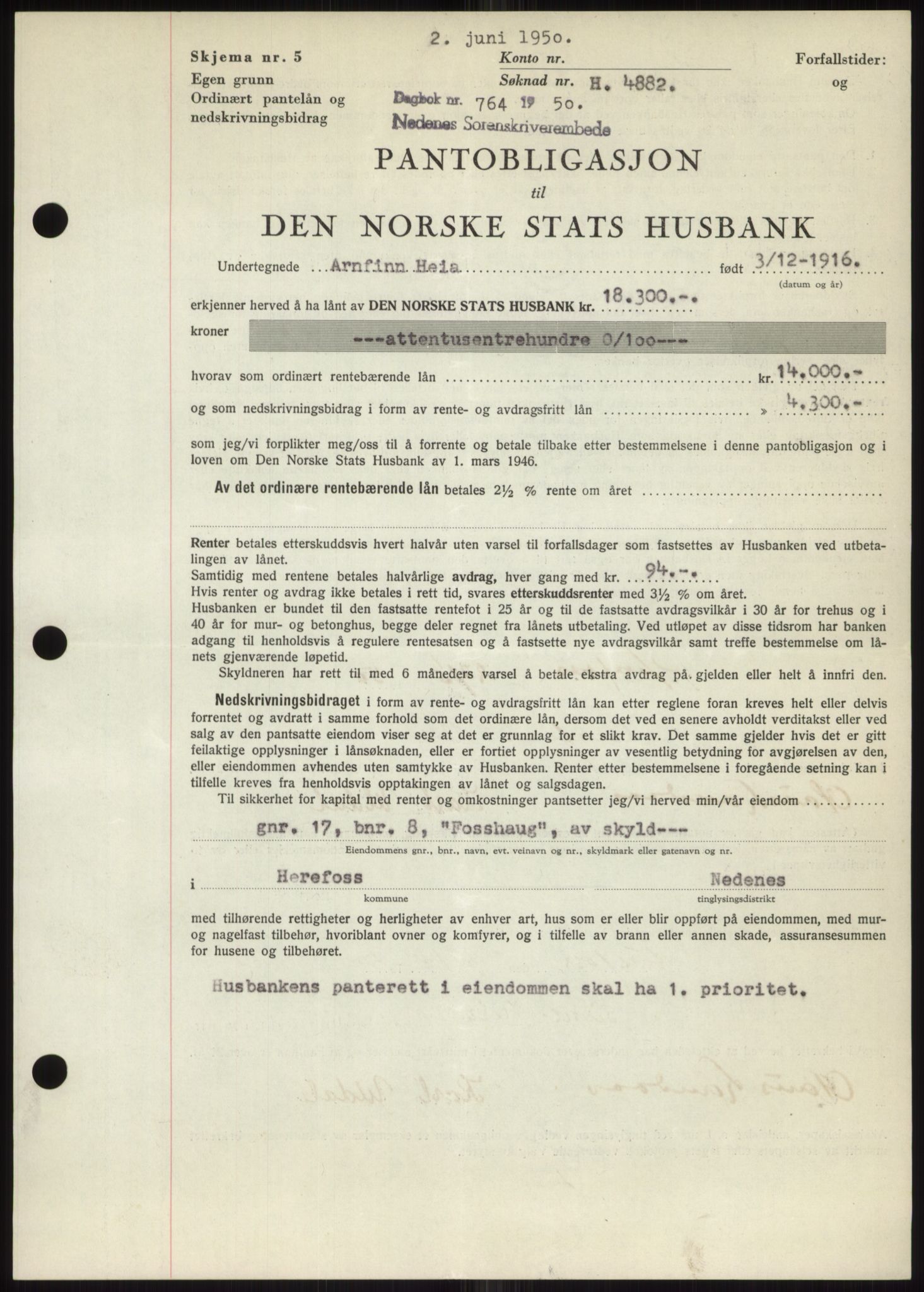 Nedenes sorenskriveri, AV/SAK-1221-0006/G/Gb/Gbb/L0007: Mortgage book no. B7, 1949-1950, Diary no: : 764/1950