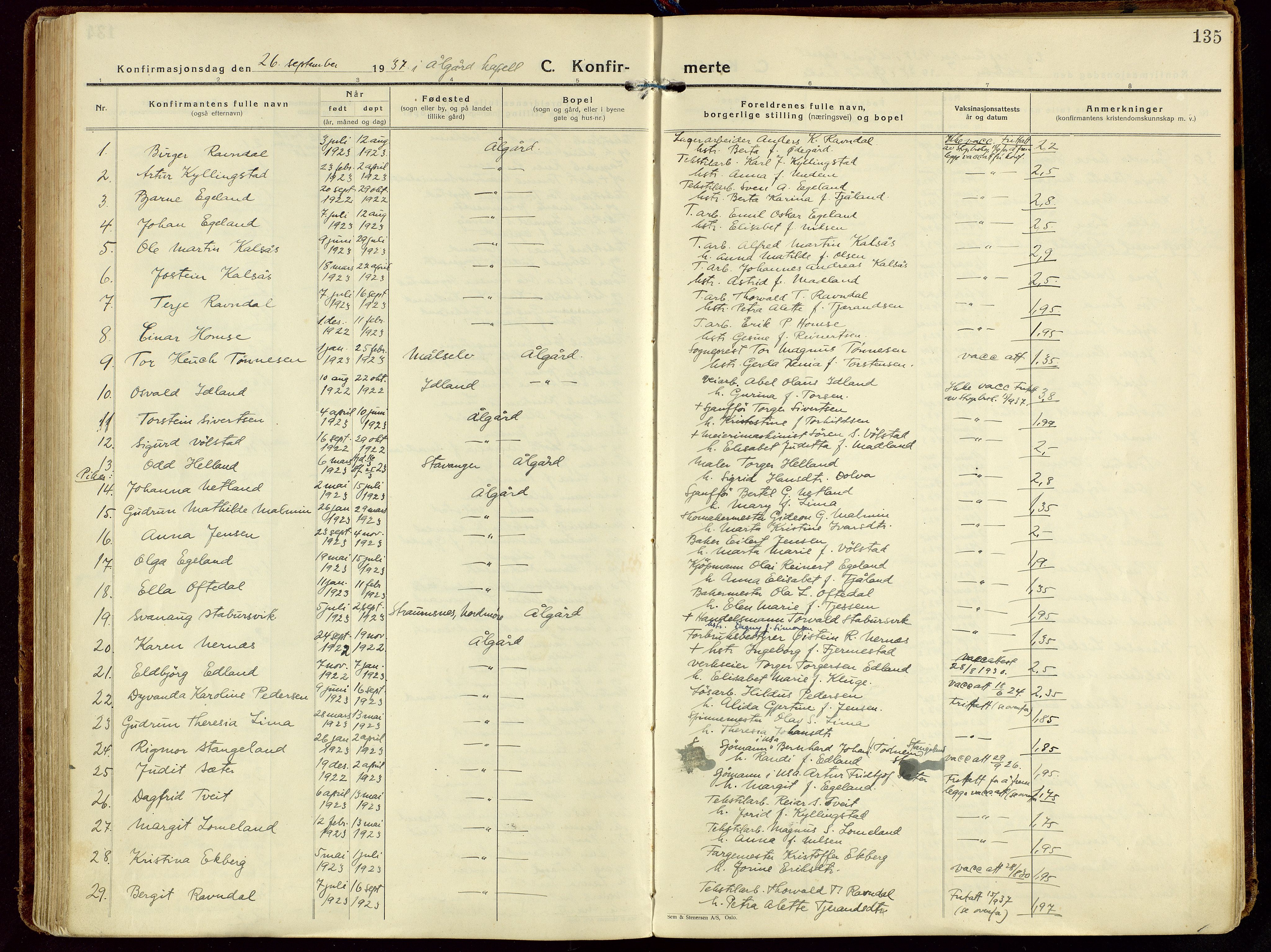 Gjesdal sokneprestkontor, SAST/A-101796/003/O/L0001: Parish register (official) no. A 1, 1925-1949, p. 135