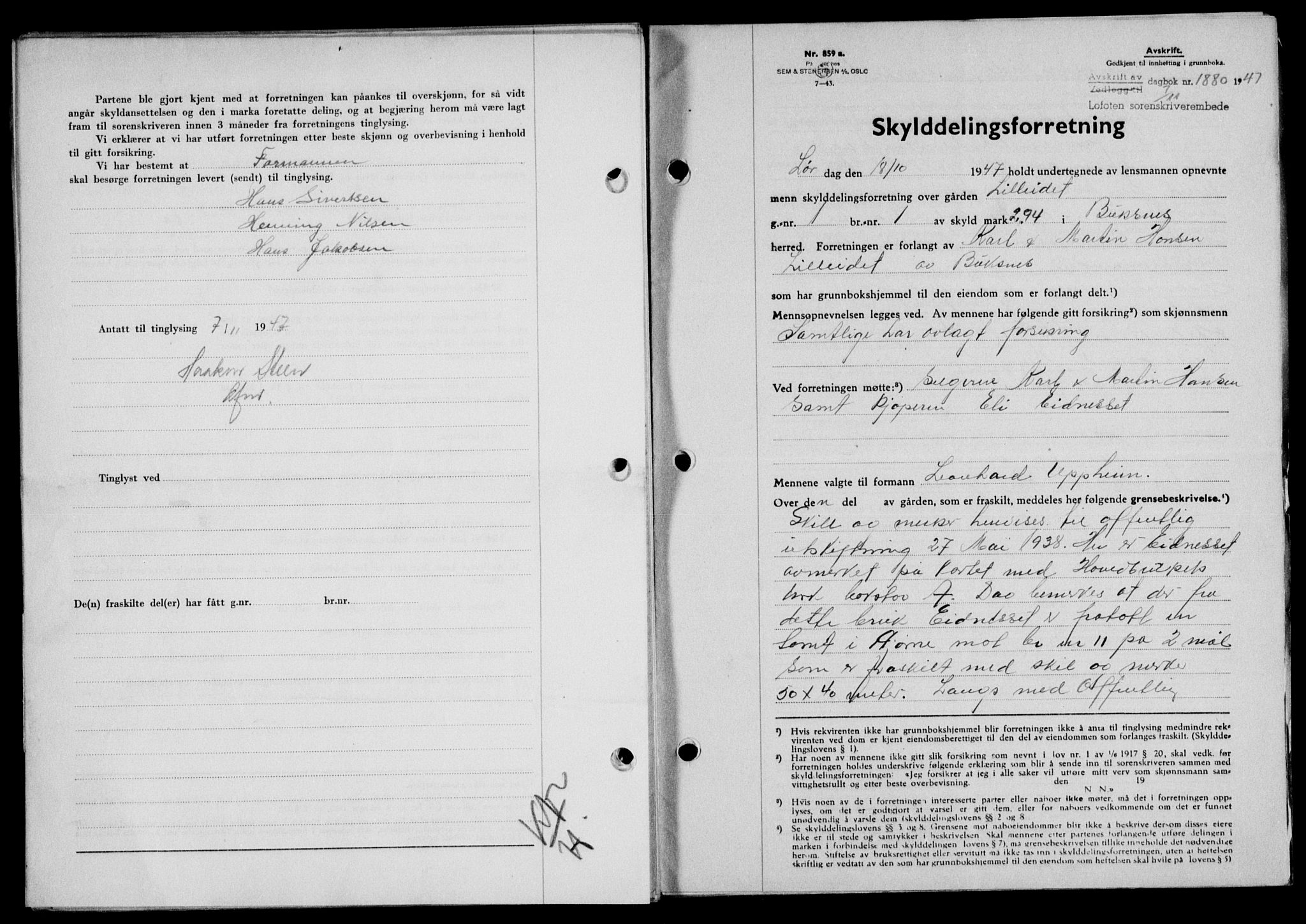 Lofoten sorenskriveri, SAT/A-0017/1/2/2C/L0017a: Mortgage book no. 17a, 1947-1948, Diary no: : 1880/1947