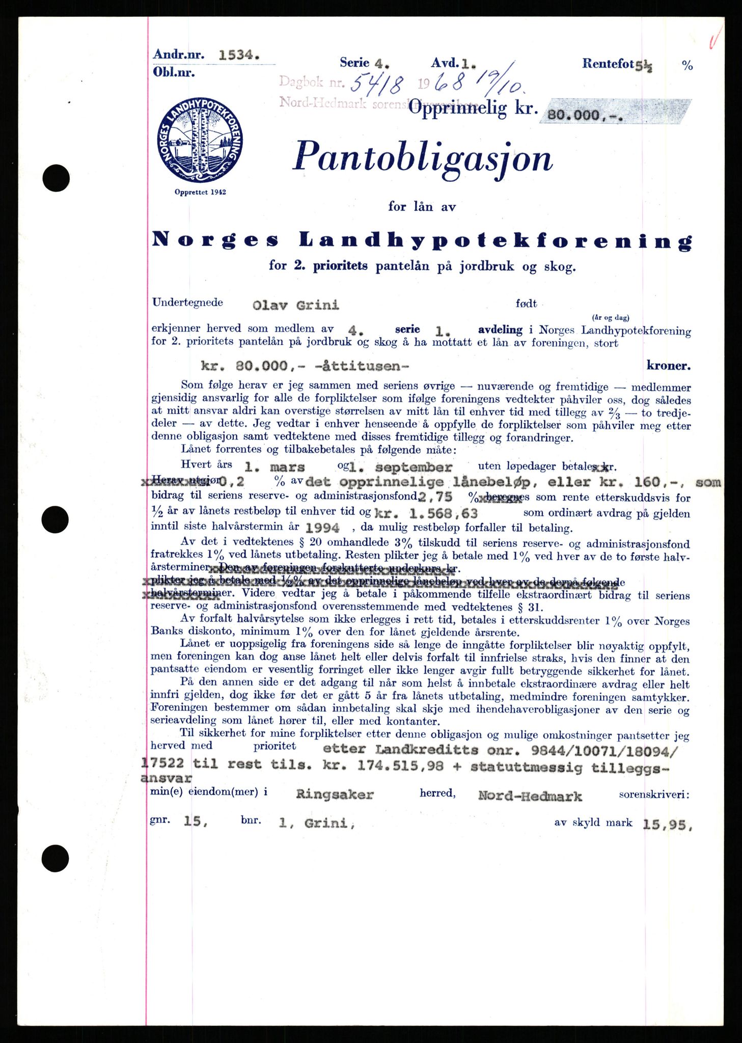 Nord-Hedmark sorenskriveri, SAH/TING-012/H/Hb/Hbf/L0077: Mortgage book no. B77, 1968-1969, Diary no: : 5418/1968