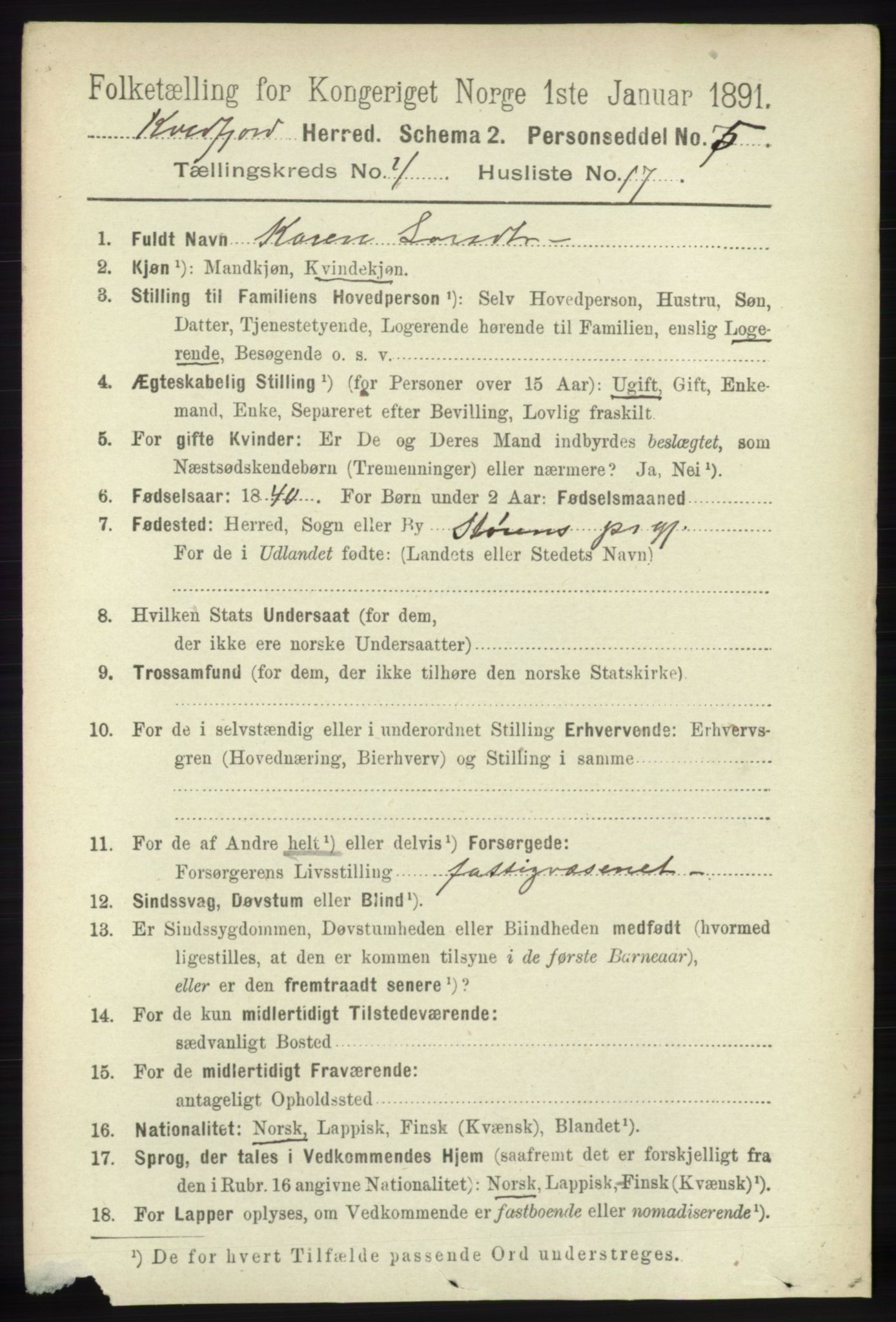 RA, 1891 census for 1911 Kvæfjord, 1891, p. 1997