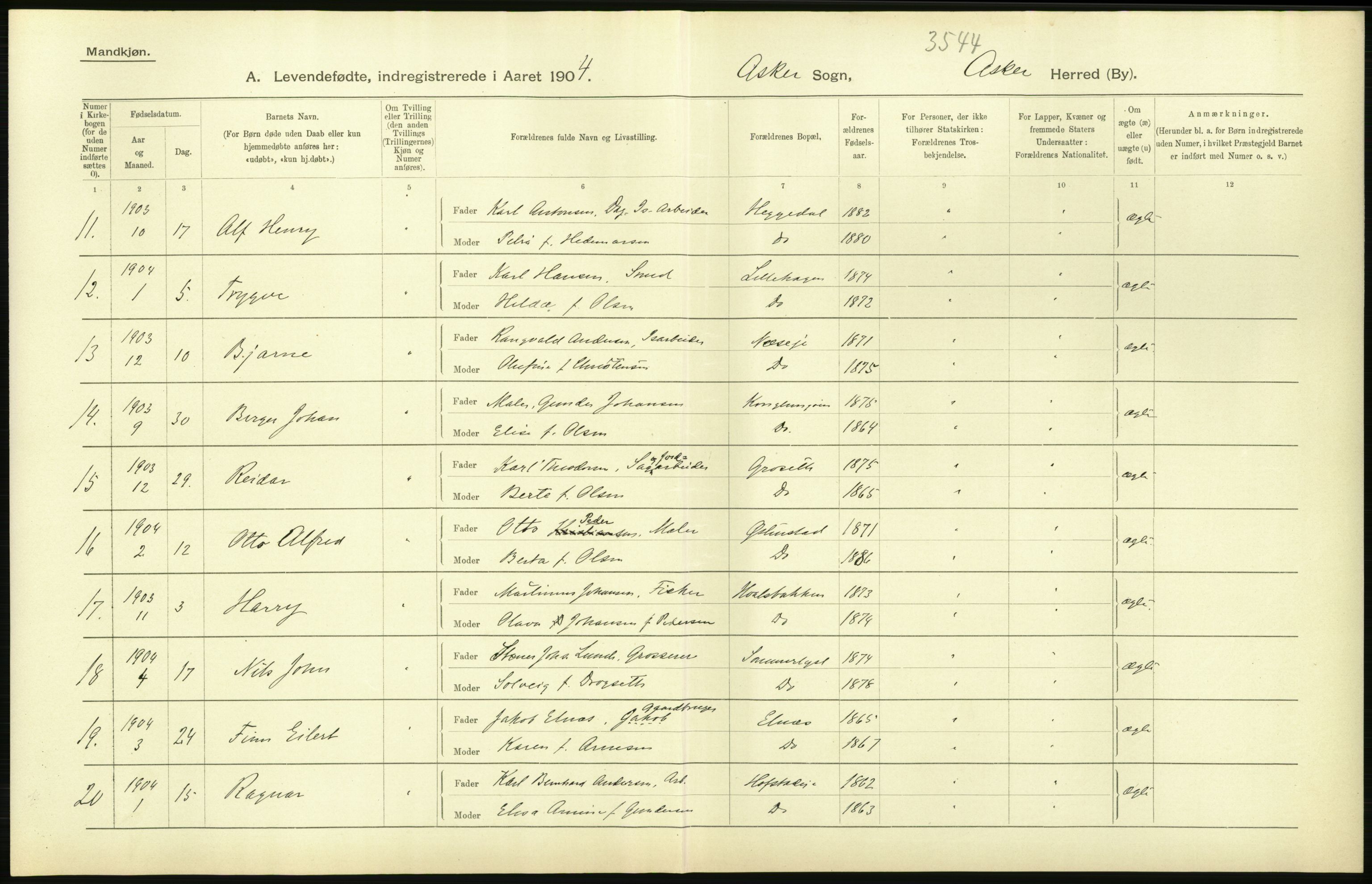 Statistisk sentralbyrå, Sosiodemografiske emner, Befolkning, AV/RA-S-2228/D/Df/Dfa/Dfab/L0002: Akershus amt: Fødte, gifte, døde, 1904, p. 44