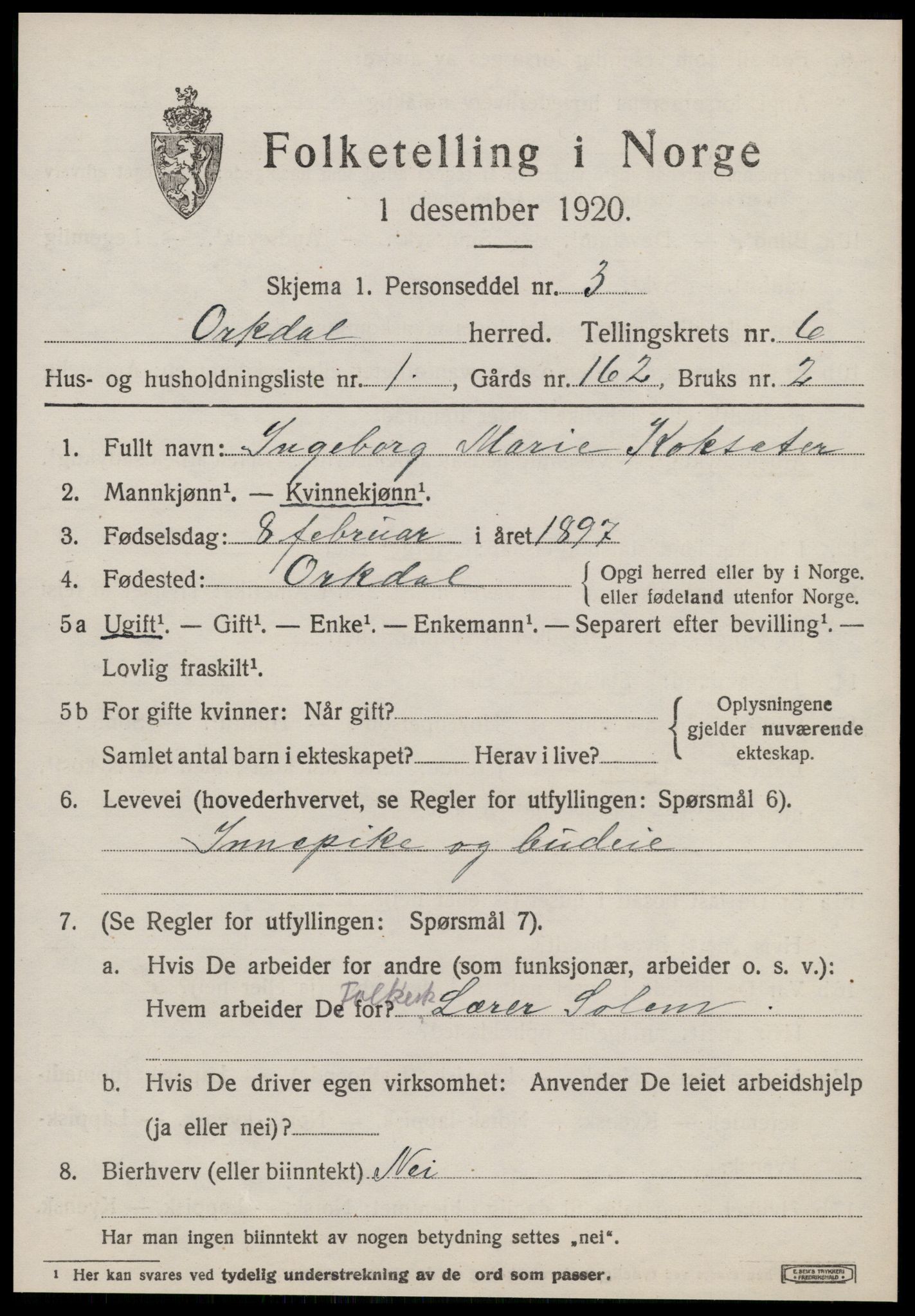 SAT, 1920 census for Orkdal, 1920, p. 5278