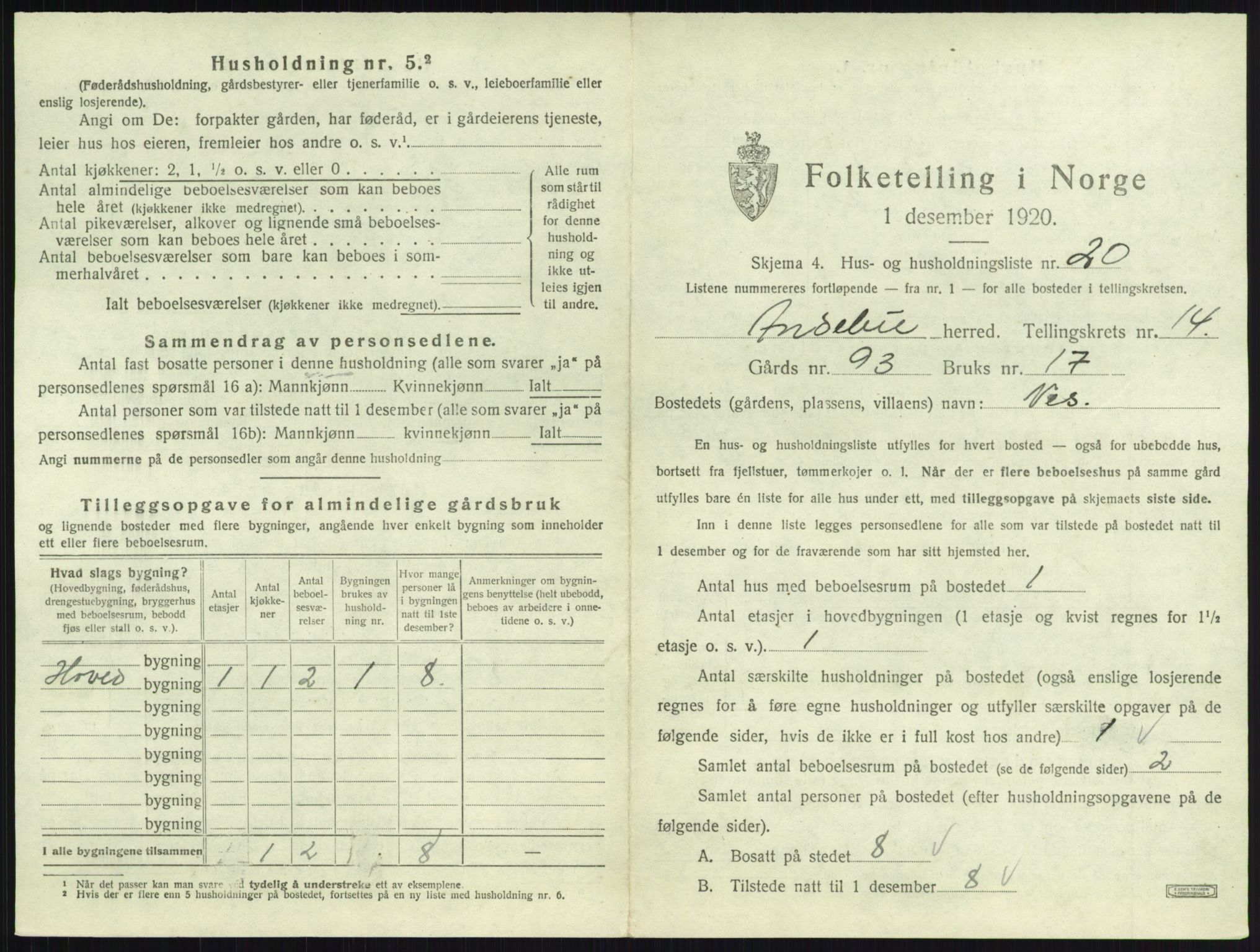 SAKO, 1920 census for Andebu, 1920, p. 822