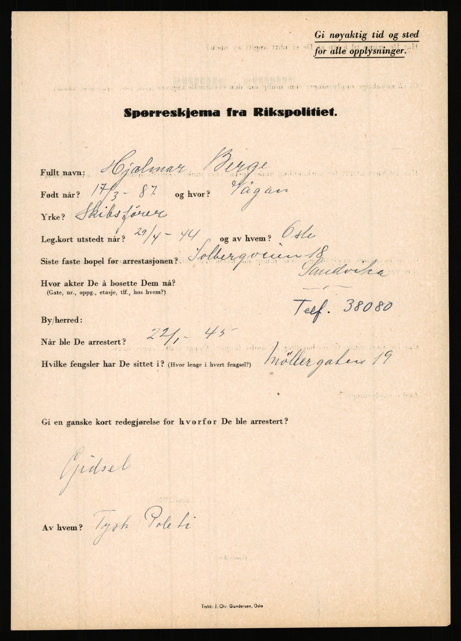 Rikspolitisjefen, AV/RA-S-1560/L/L0002: Berg, Alf - Bråthen, Thorleif, 1940-1945, p. 145