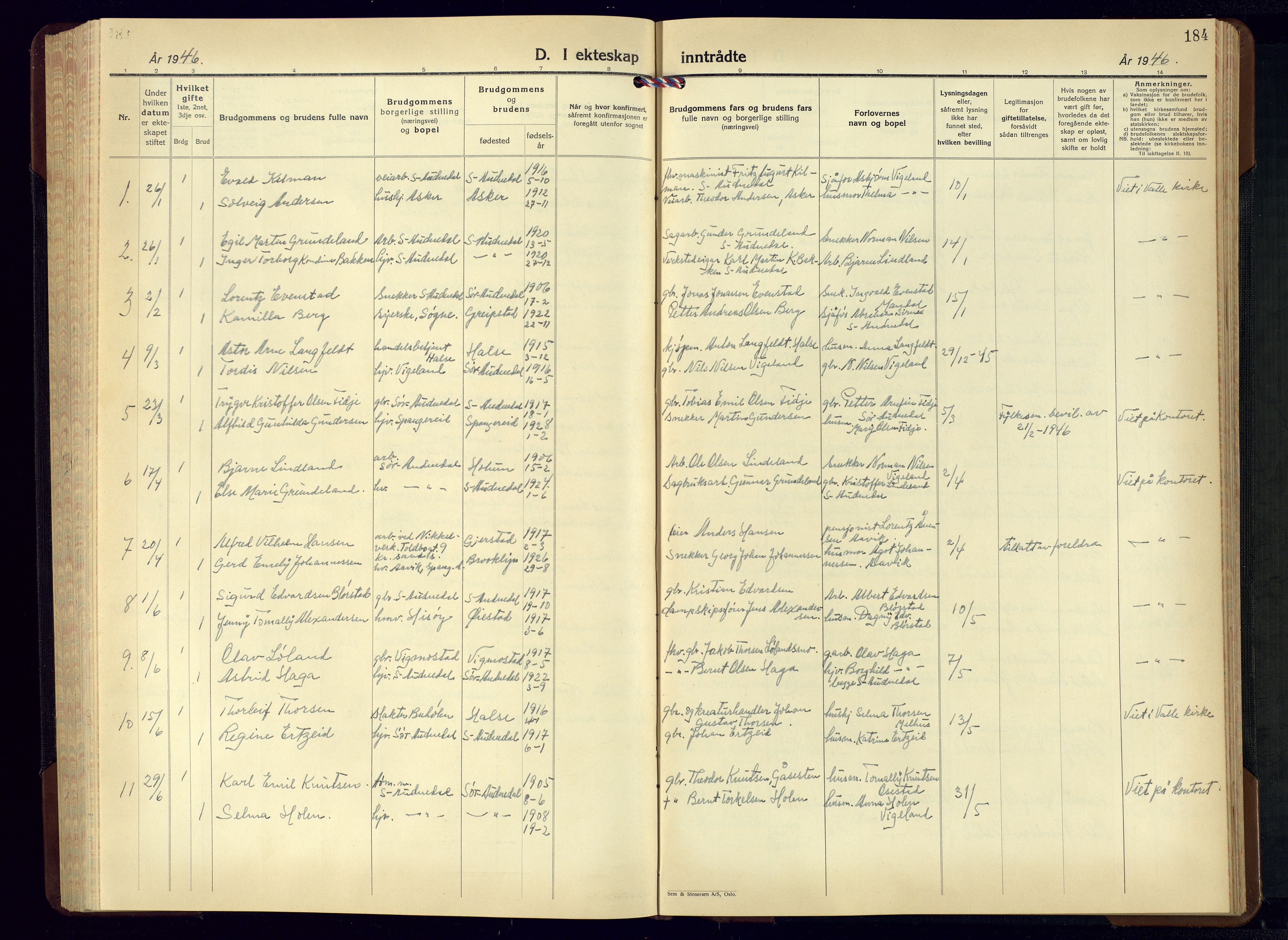 Sør-Audnedal sokneprestkontor, SAK/1111-0039/F/Fb/Fbb/L0007: Parish register (copy) no. B-7, 1939-1965, p. 184