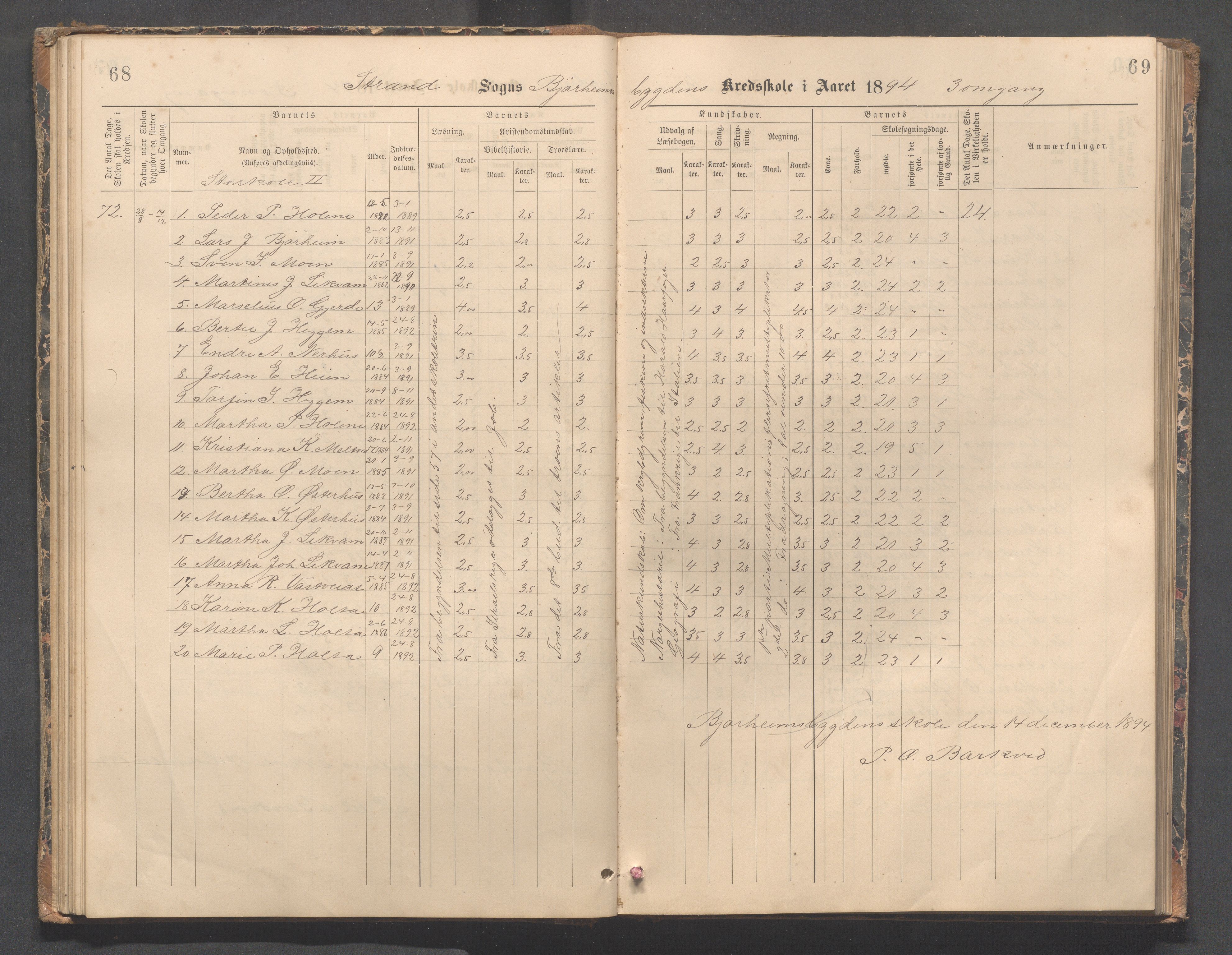 Strand kommune - Bjørheimsbygd skole, IKAR/A-147/H/L0002: Skoleprotokoll for Bjørheimsbygd og Lekvam krets, 1891-1907, p. 68-69