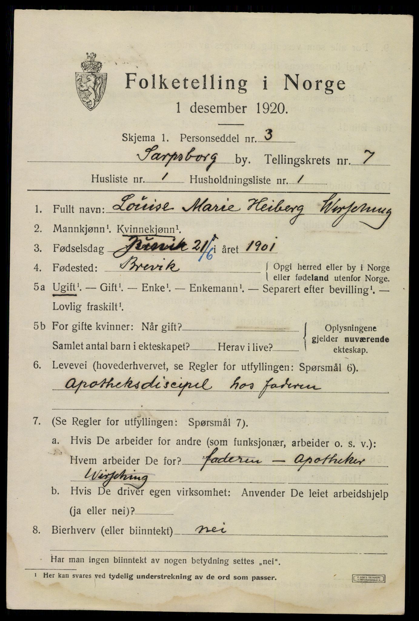 SAO, 1920 census for Sarpsborg, 1920, p. 16038