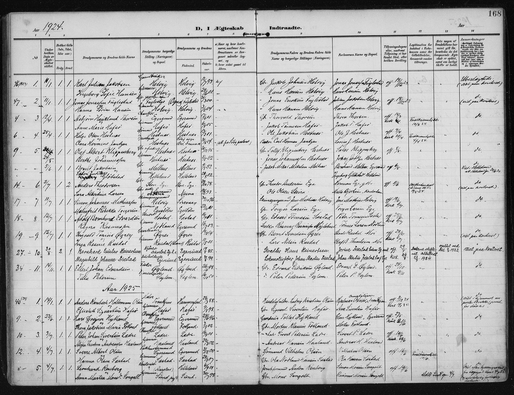 Eigersund sokneprestkontor, AV/SAST-A-101807/S08/L0021: Parish register (official) no. A 20, 1906-1928, p. 168