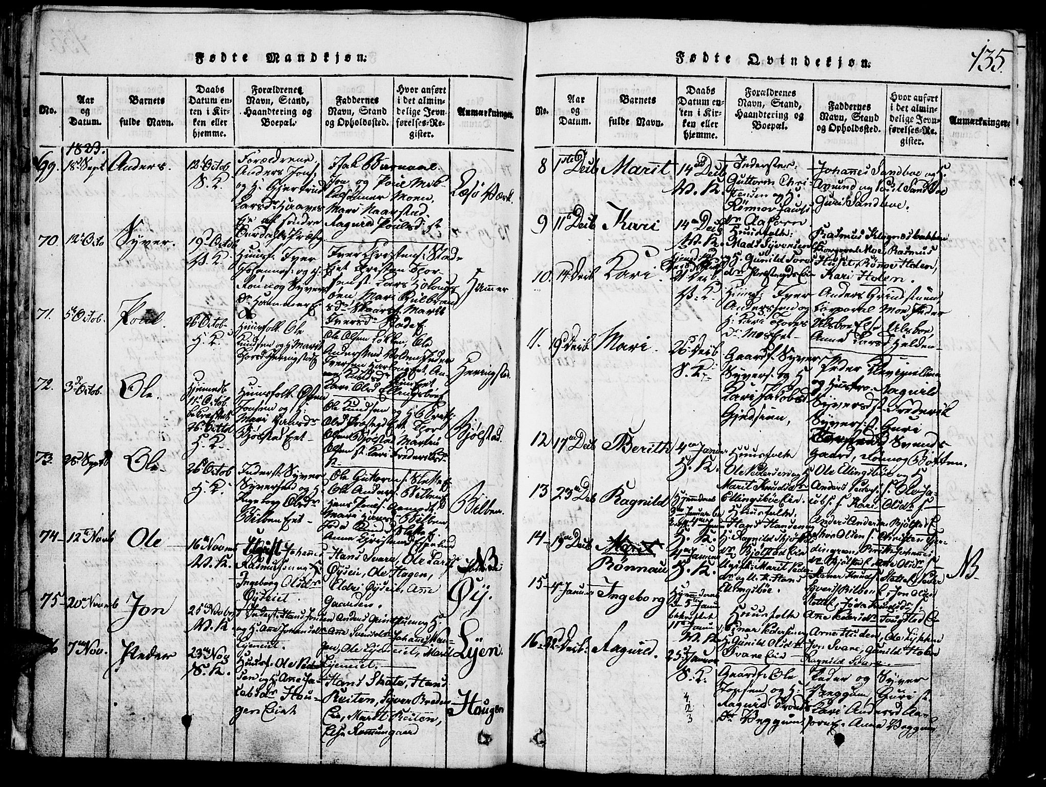 Vågå prestekontor, SAH/PREST-076/H/Ha/Hab/L0001: Parish register (copy) no. 1, 1815-1827, p. 134-135