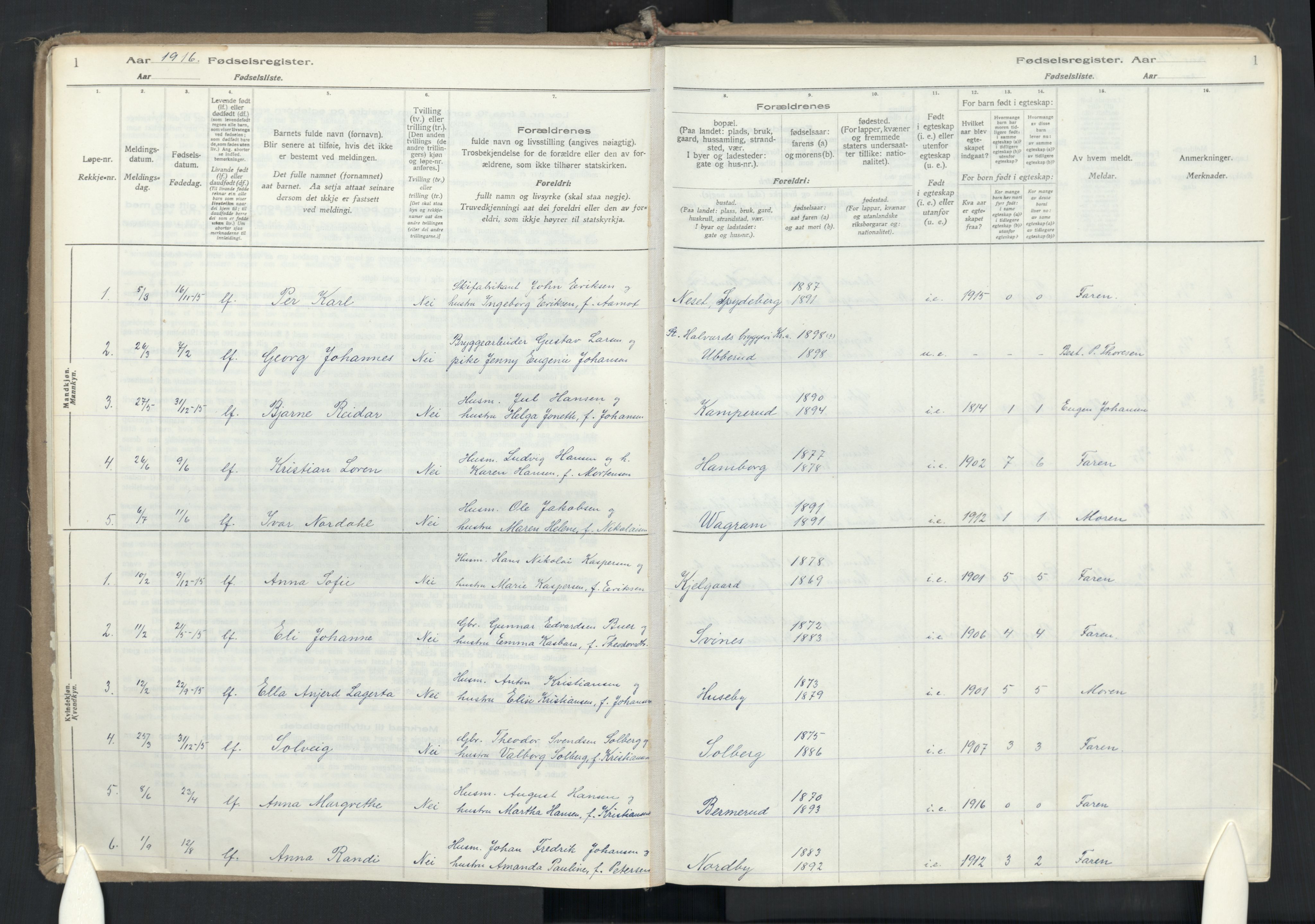 Enebakk prestekontor Kirkebøker, SAO/A-10171c/J/Jb/L0001: Birth register no. II 1, 1916-1980, p. 1