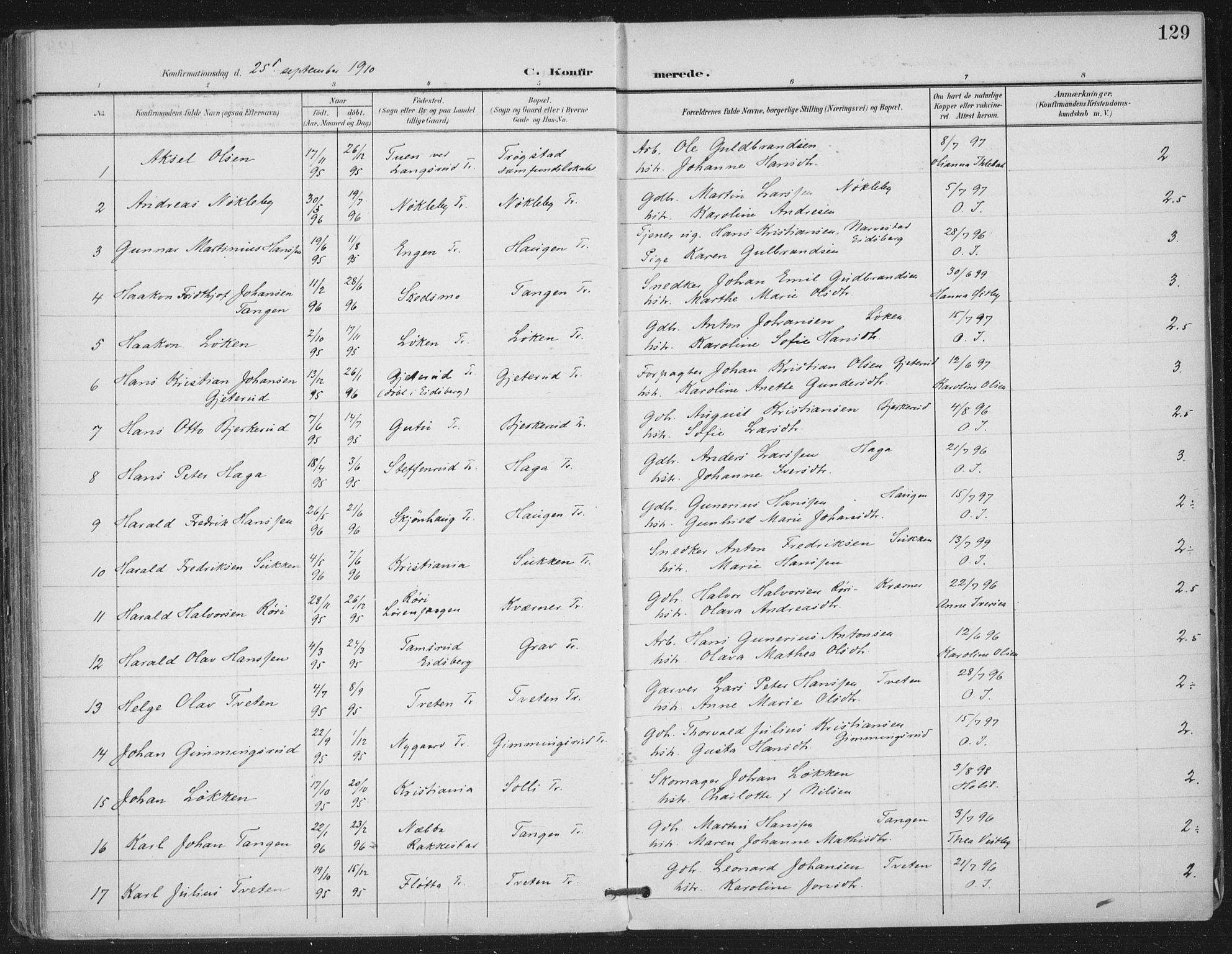 Trøgstad prestekontor Kirkebøker, AV/SAO-A-10925/F/Fa/L0011: Parish register (official) no. I 11, 1899-1919, p. 129